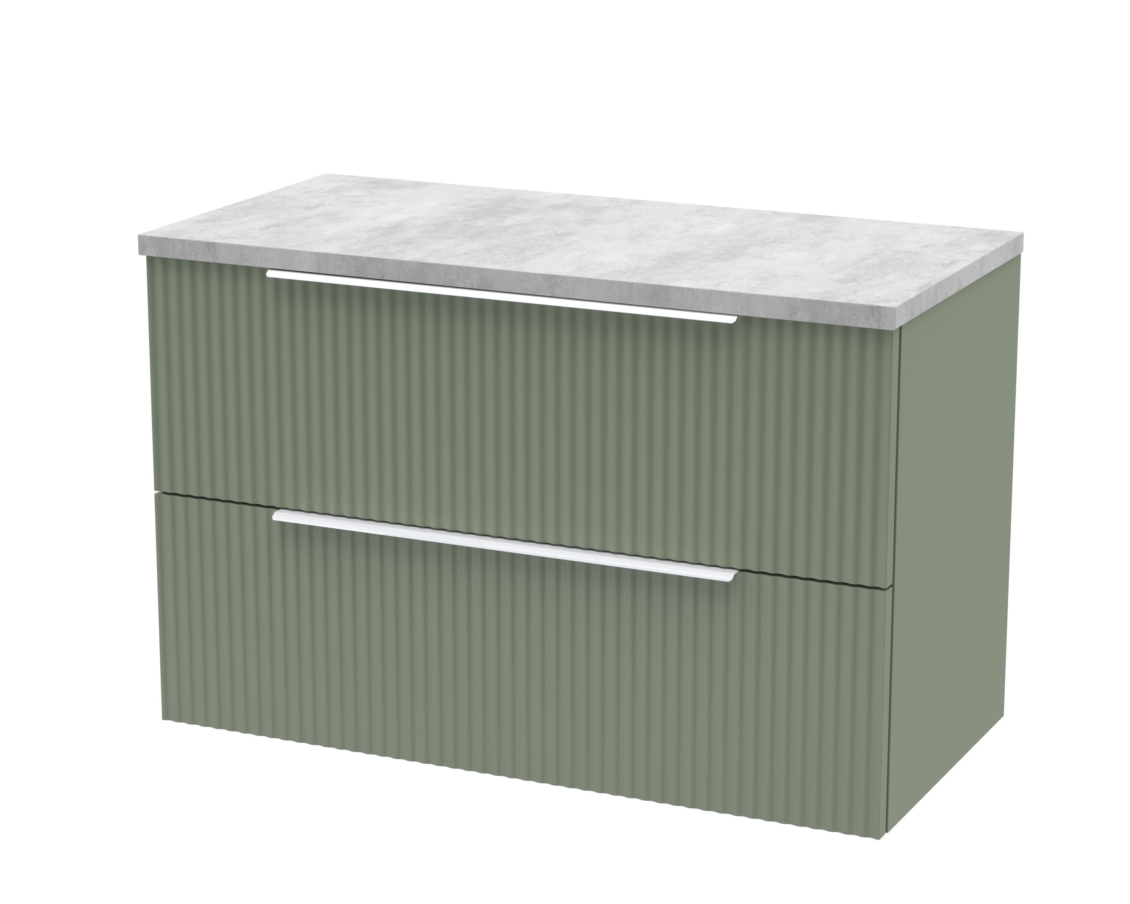 Hudson Reed Fluted Wall Hung 2-Drawer Vanity Unit & Bellato Grey Laminate Worktop, Counter Top Vanity Unit in Satin Green, 800mm