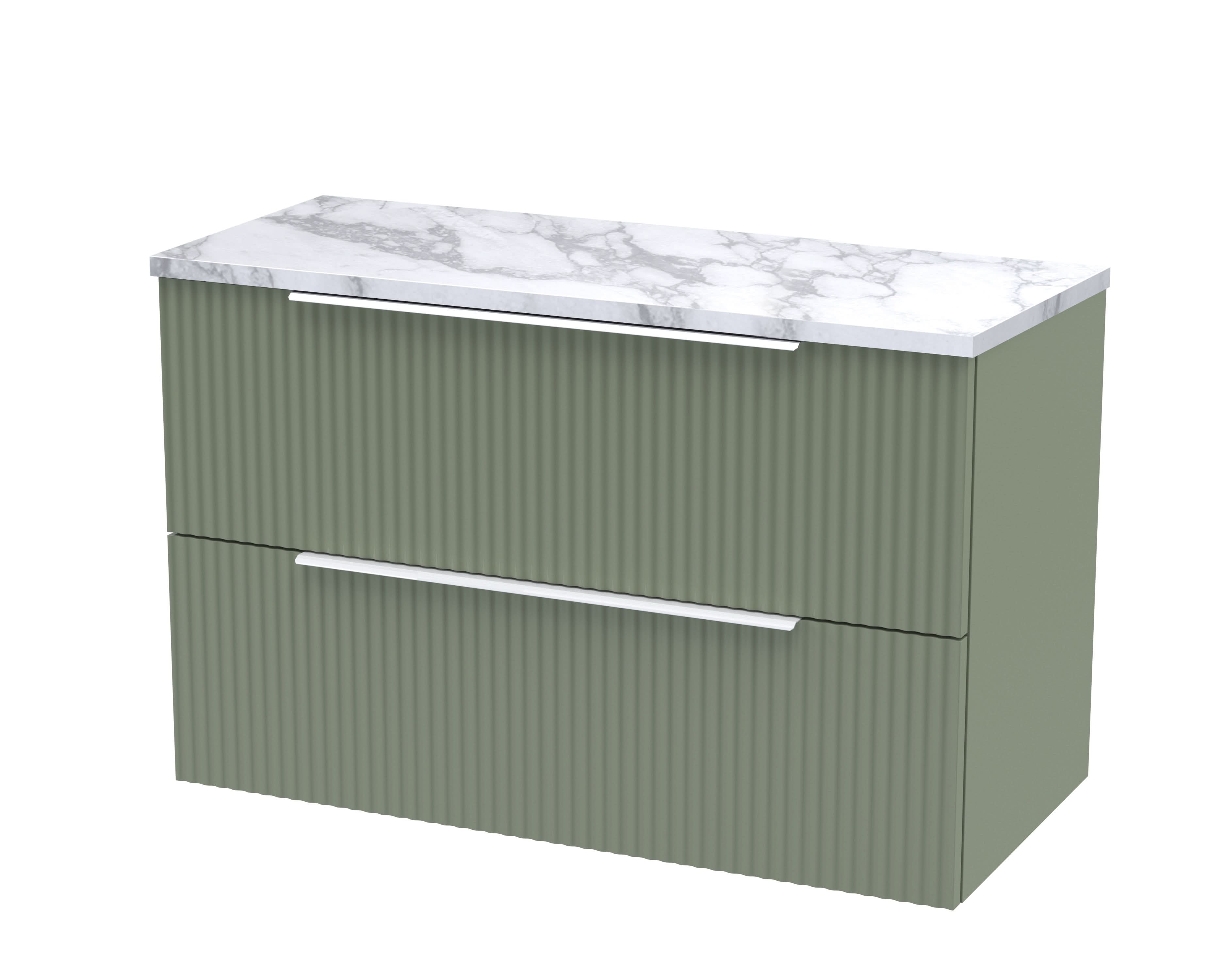 Hudson Reed Fluted Wall Hung 2-Drawer Vanity & Carrera Marble Laminate Worktop, Counter Top Vanity Unit in Satin Green, 800mm