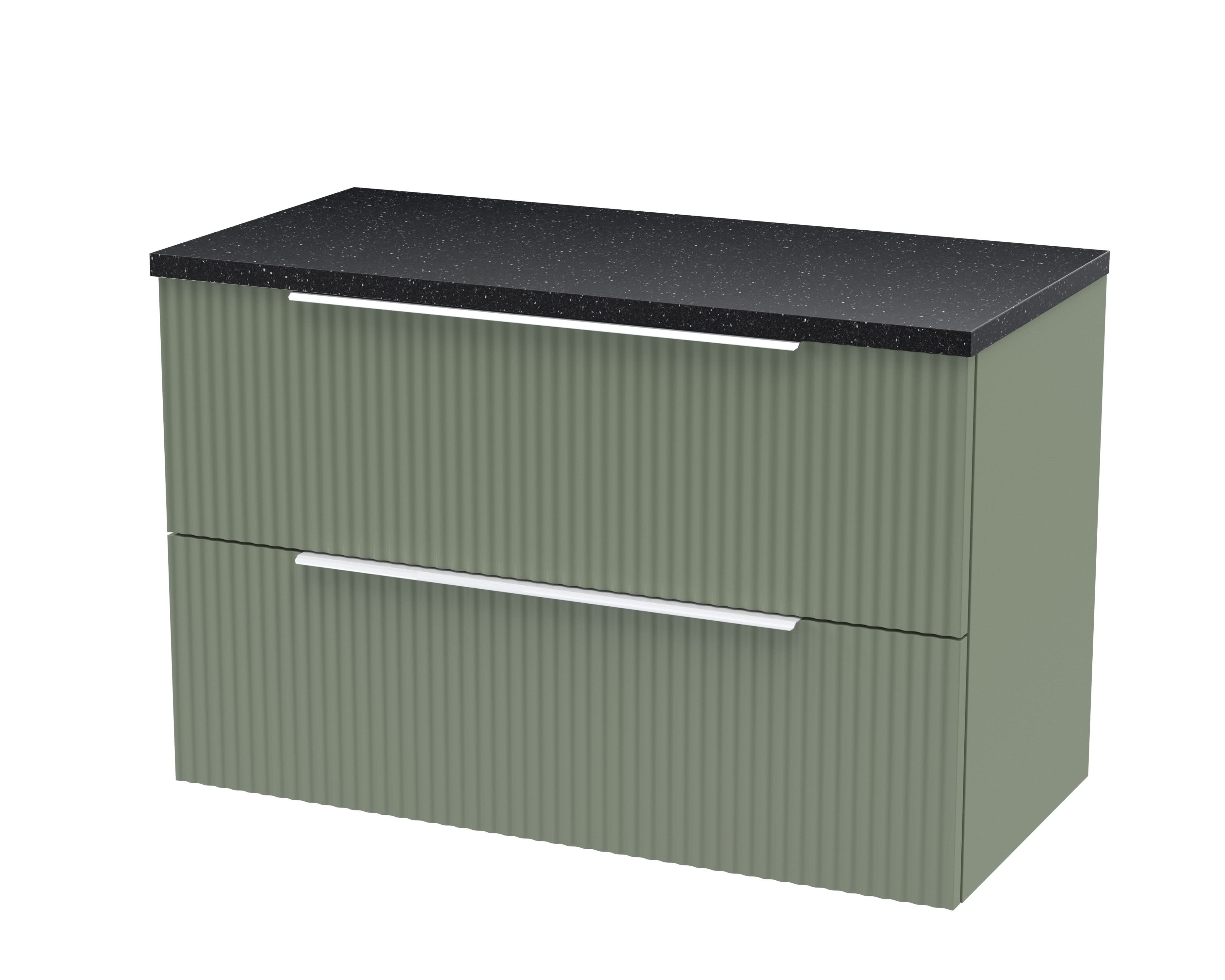 Hudson Reed Fluted Wall Hung 2-Drawer Vanity Unit & Black Laminate Worktop, Counter Top Vanity Unit in Satin Green, 800mm