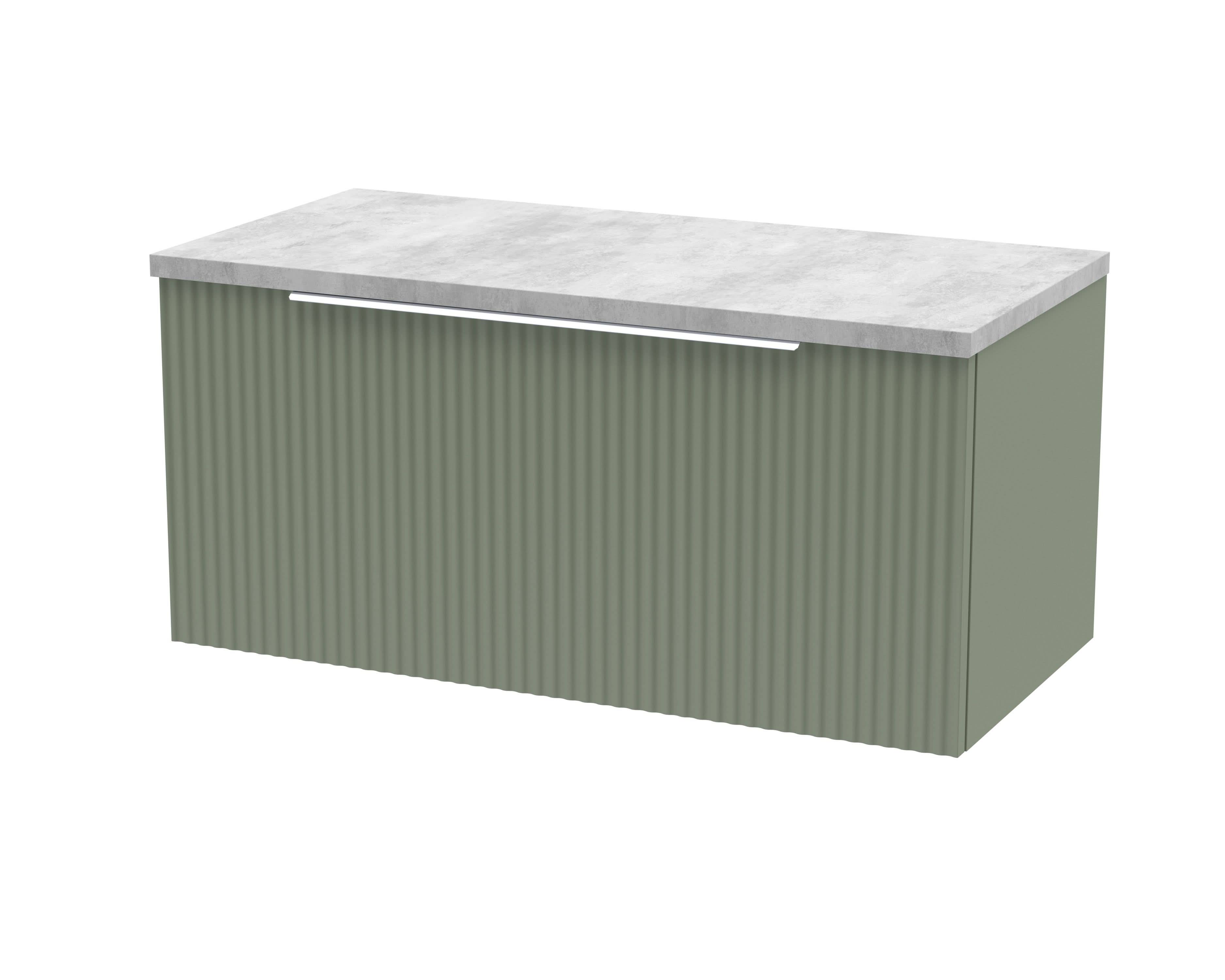 Hudson Reed Fluted Wall Hung 1-Drawer Vanity Unit & Bellato Grey Laminate Worktop, Counter Top Vanity Unit in Satin Green, 800mm