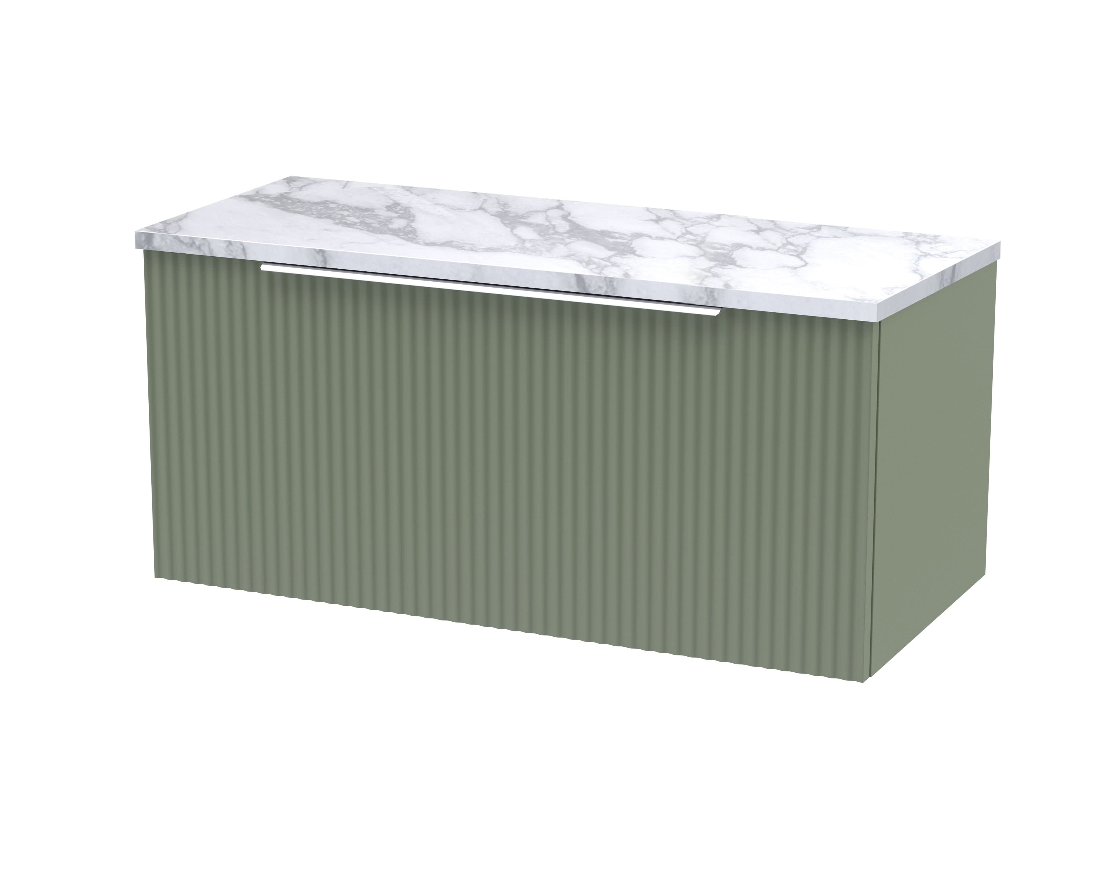 Hudson Reed Fluted Wall Hung 1-Drawer Vanity & Carrera Marble Laminate Worktop, Counter Top Vanity Unit in Satin Green, 800mm