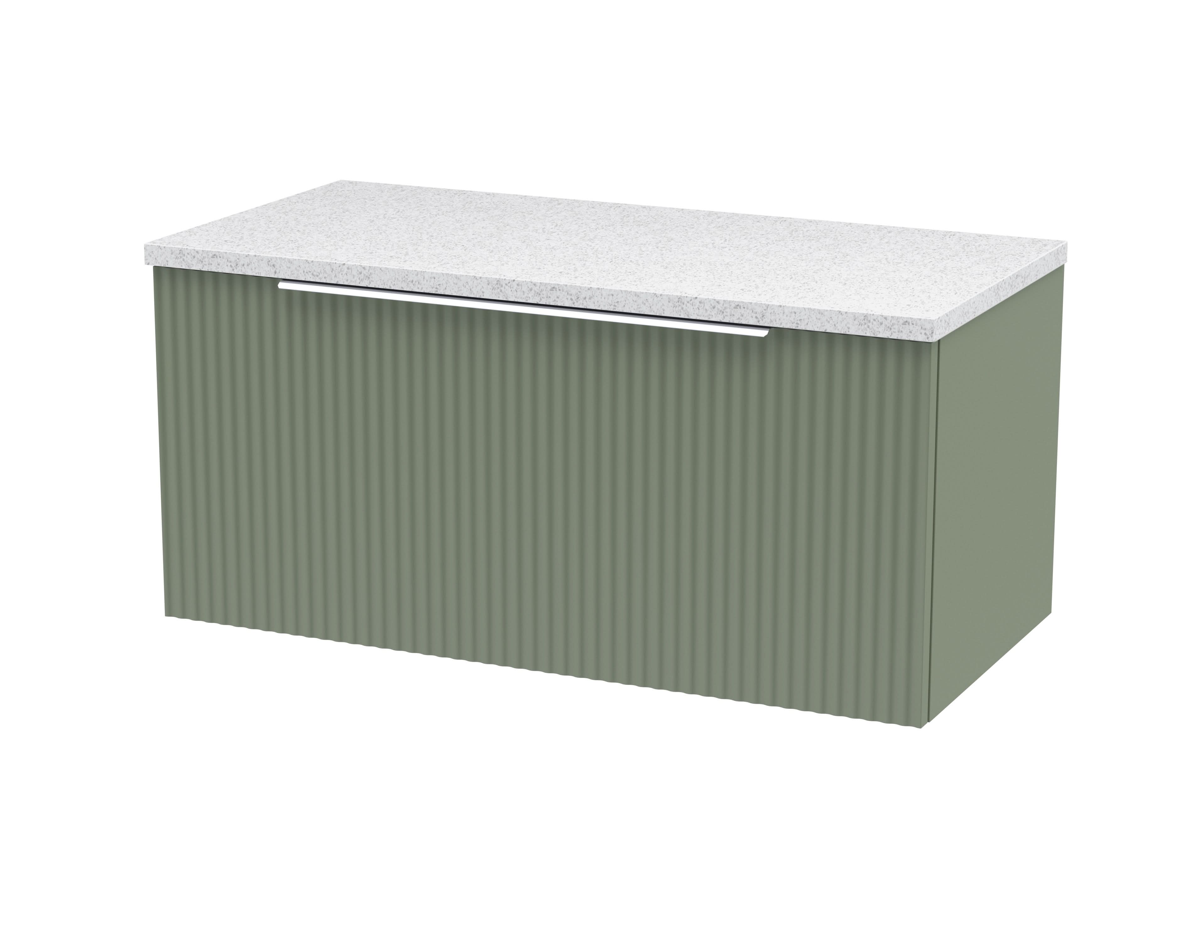 Hudson Reed Fluted Wall Hung 1-Drawer Vanity & Sparkling White Laminate Worktop, Counter Top Vanity Unit in Satin Green, 800mm