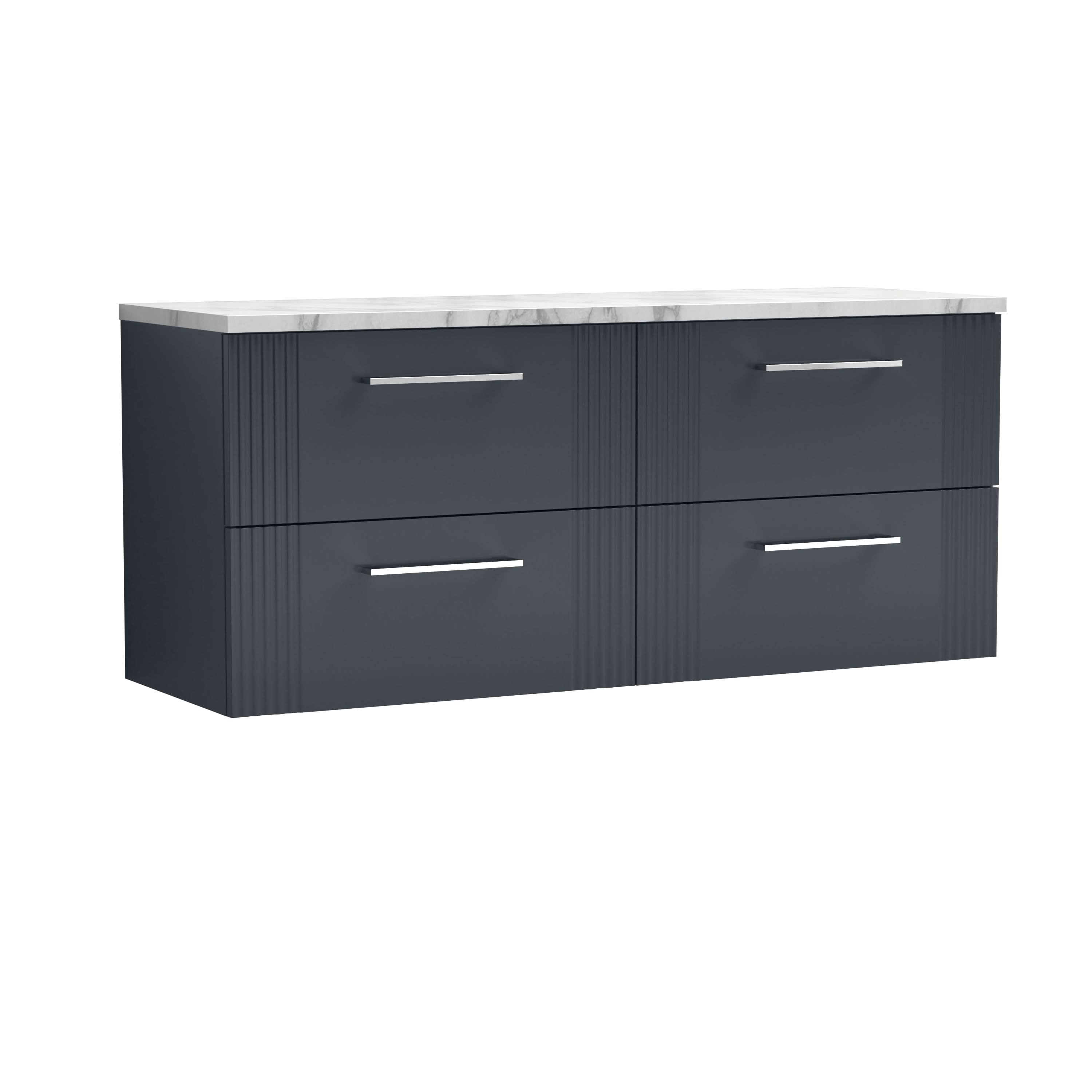 Nuie Deco Wall Hung 4-Drawer Vanity Unit & Carrera Marble Laminate Worktop, Counter Top Vanity Unit in Soft Black, 1200mm