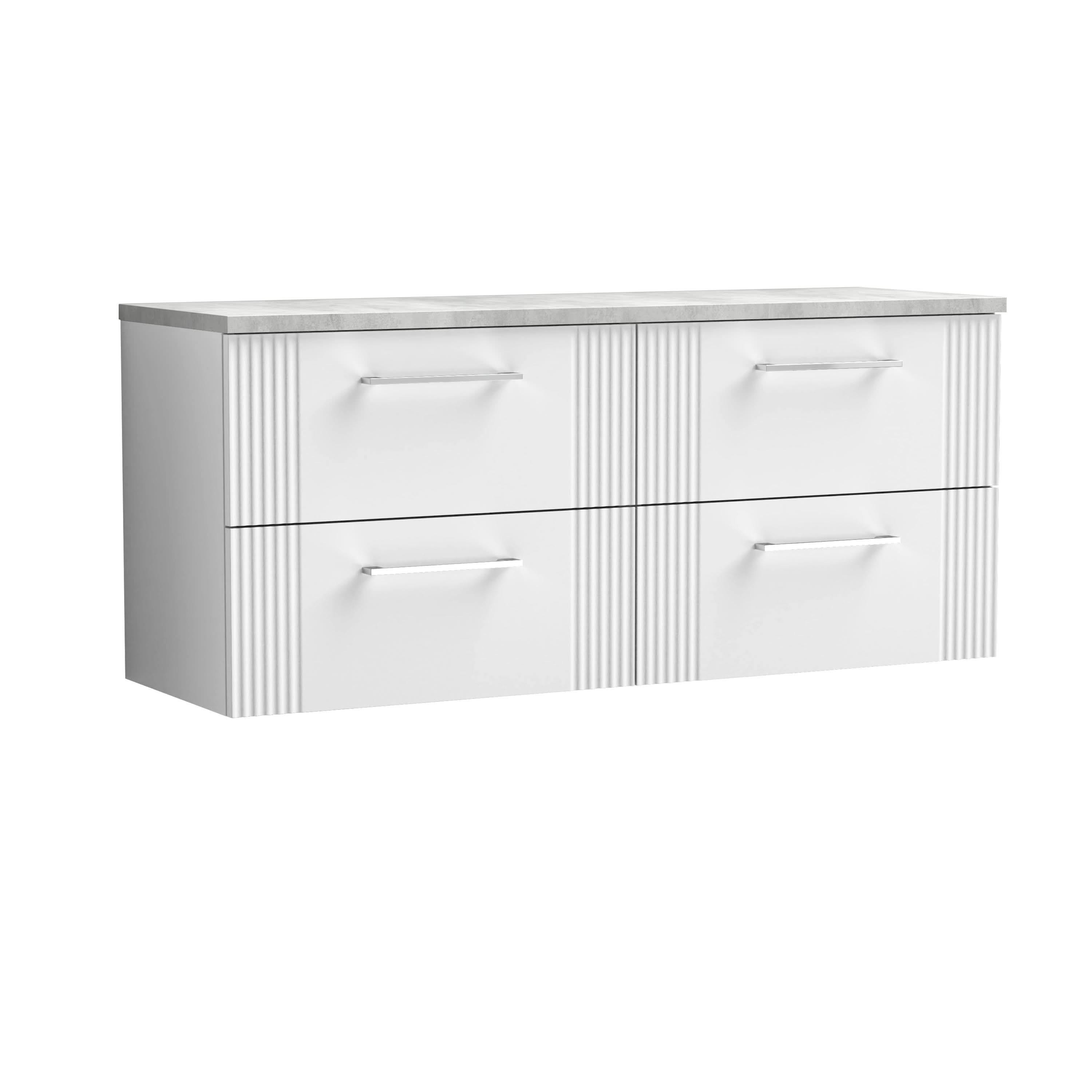 Nuie Deco Wall Hung 4-Drawer Vanity Unit & Bellato Grey Laminate Worktop, Counter Top Vanity Unit in Satin White, 1200mm