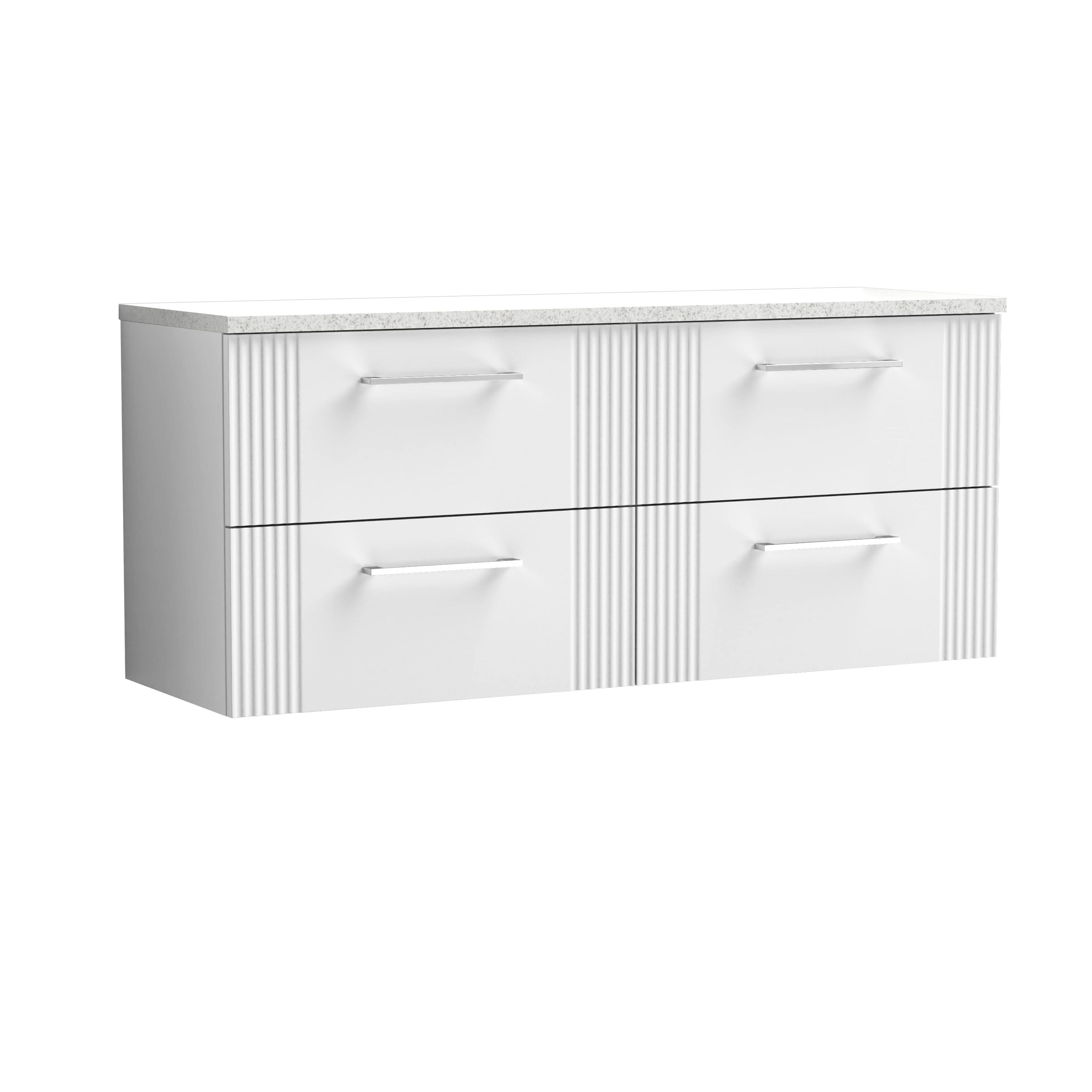 Nuie Deco Wall Hung 4-Drawer Vanity Unit & Sparkling White Laminate Worktop, Counter Top Vanity Unit in Satin White, 1200mm