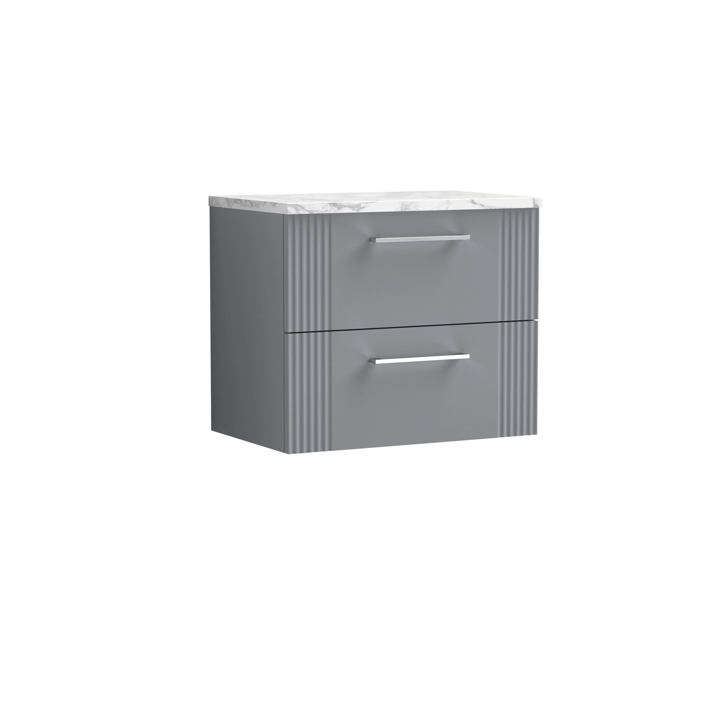Nuie Deco Wall Hung 2-Drawer Vanity Unit & Bellato Grey Laminate Worktop, Counter Top Vanity Unit in Satin Grey, 600mm