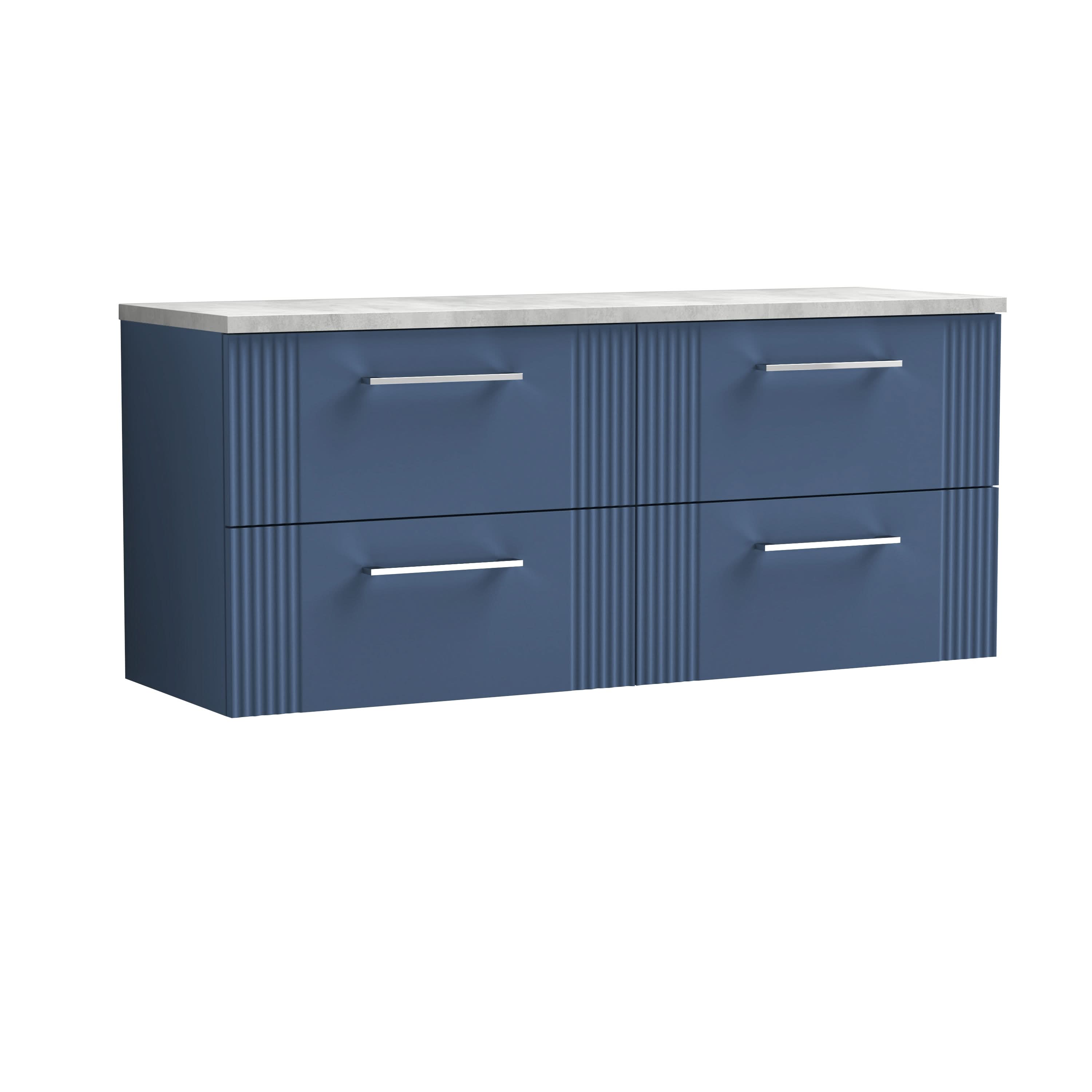 Nuie Deco Wall Hung 4-Drawer Vanity Unit & Bellato Grey Laminate Worktop, Counter Top Vanity Unit in Satin Blue, 1200mm