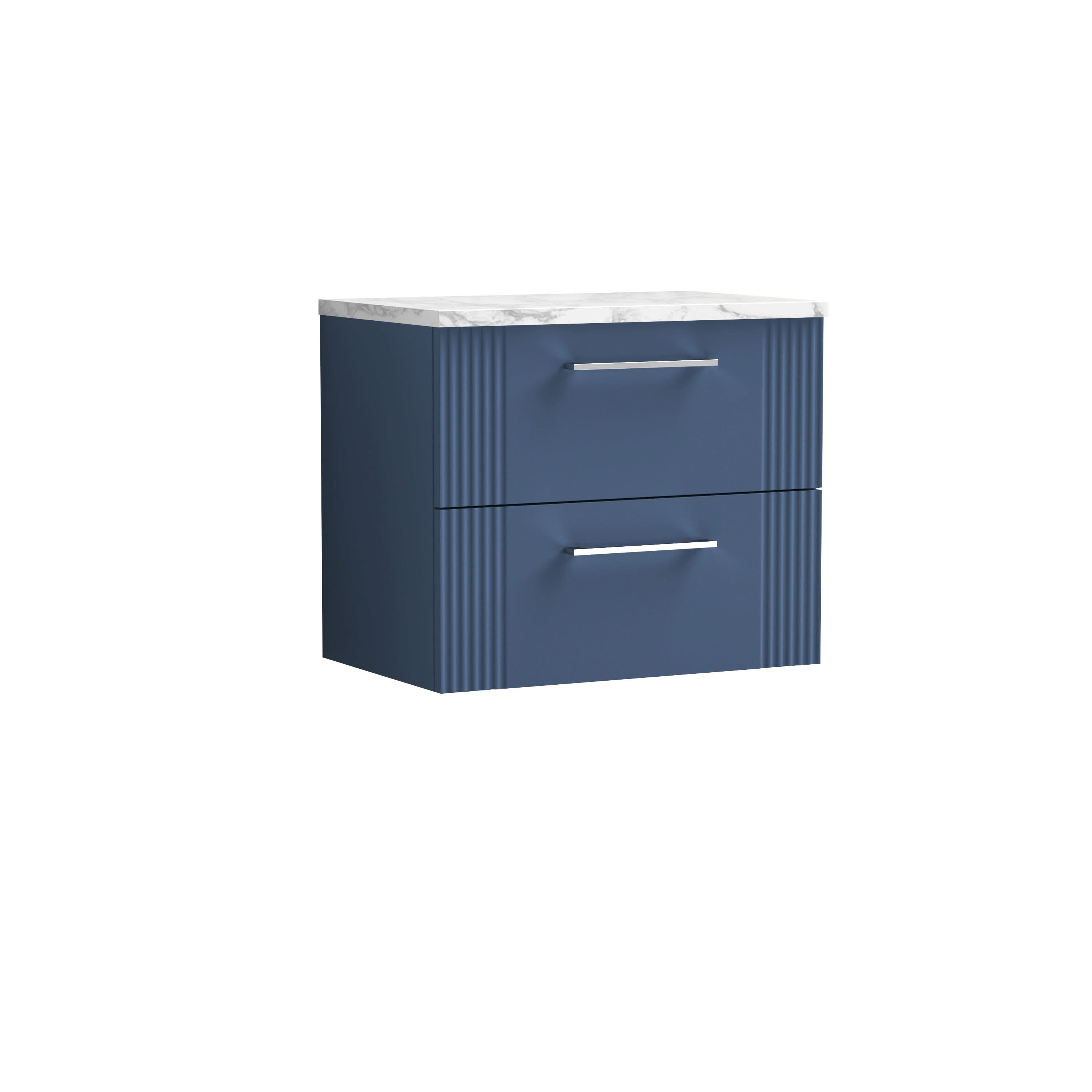 Nuie Deco Wall Hung 2-Drawer Vanity Unit & Bellato Grey Laminate Worktop, Counter Top Vanity Unit in Satin Blue, 600mm