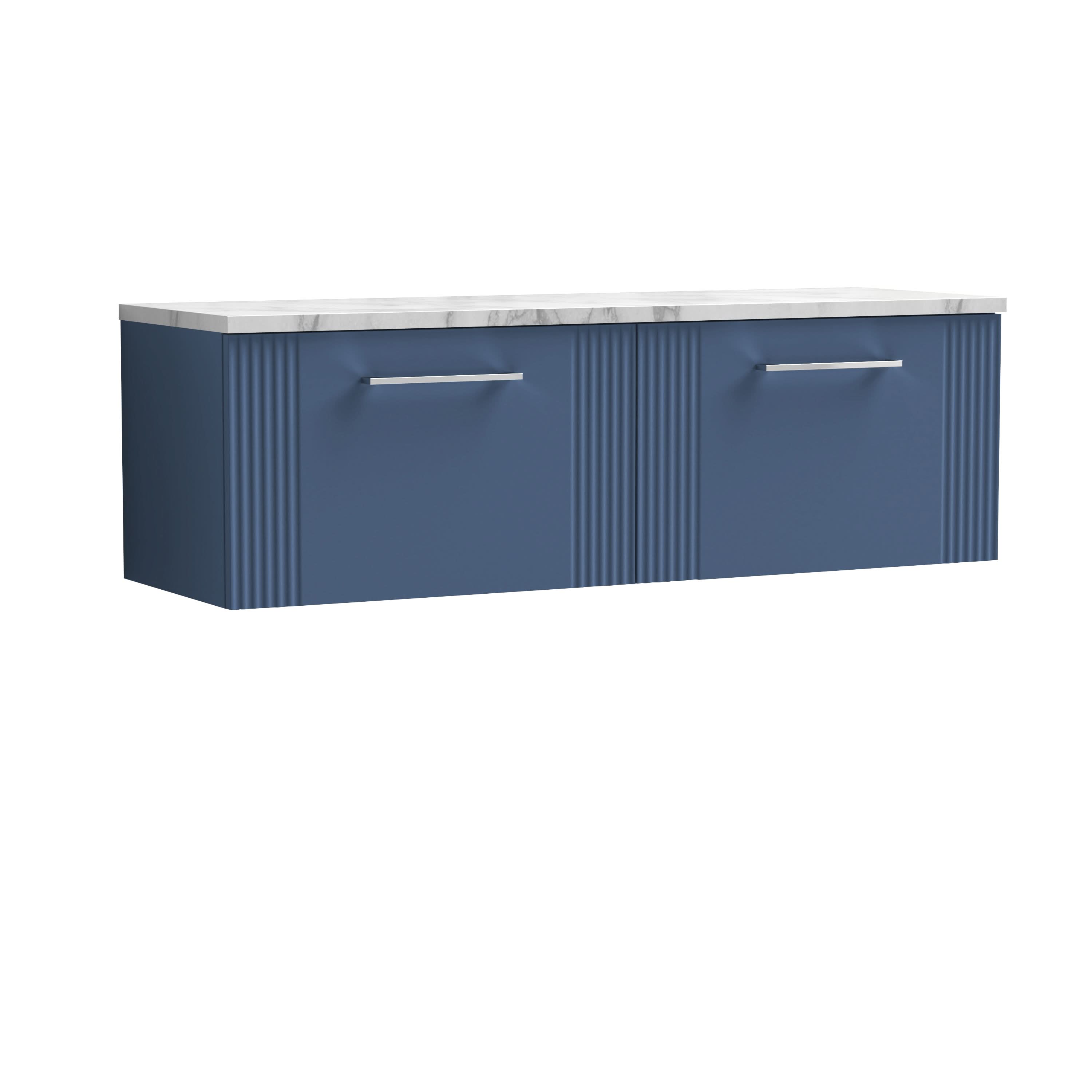 Nuie Deco Wall Hung 2-Drawer Vanity Unit & Carrera Marble Laminate Worktop, Counter Top Vanity Unit in Satin Blue, 1200mm