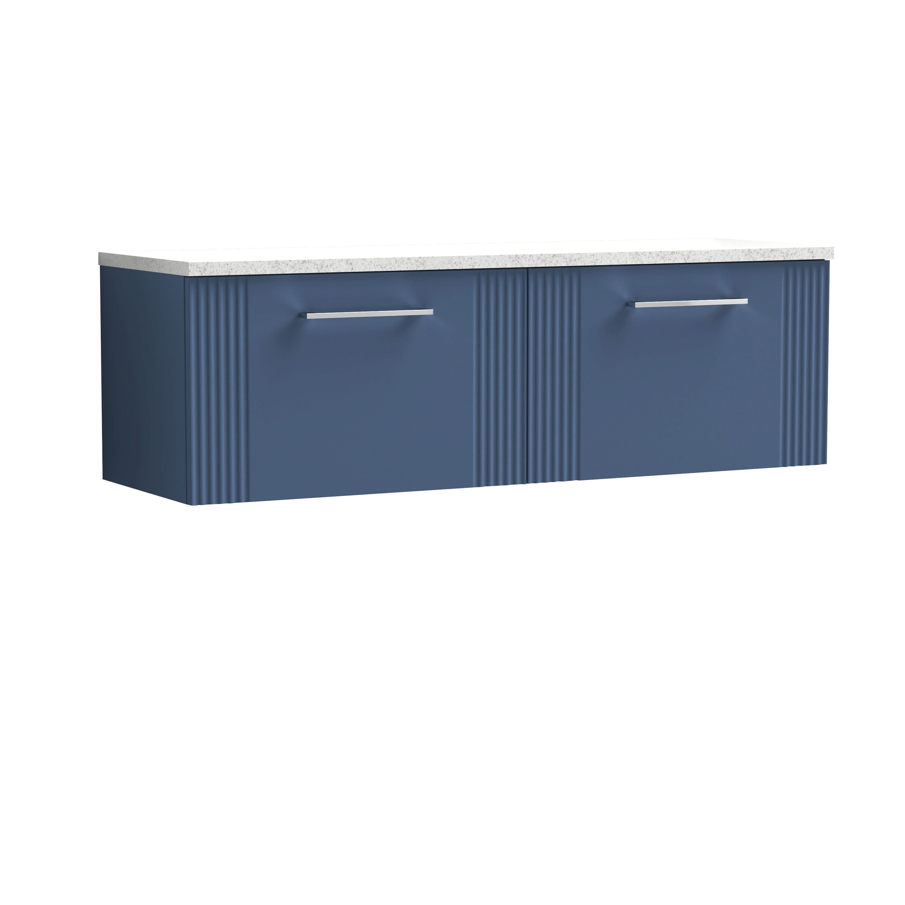 Nuie Deco Wall Hung 2-Drawer Vanity Unit & Sparkling White Laminate Worktop, Counter Top Vanity Unit in Satin Blue, 1200mm