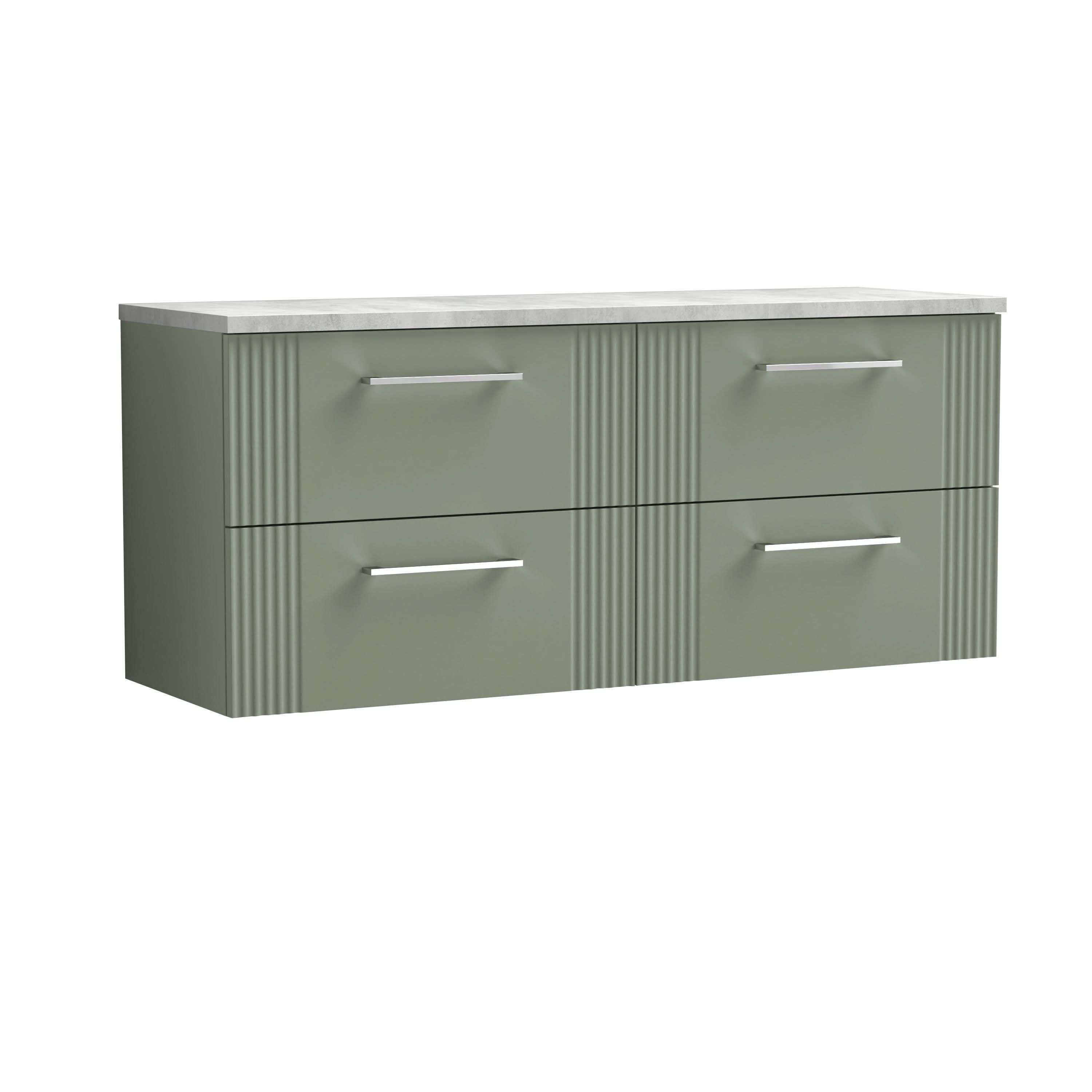 Nuie Deco Wall Hung 4-Drawer Vanity Unit & Bellato Grey Laminate Worktop, Counter Top Vanity Unit in Satin Green, 1200mm