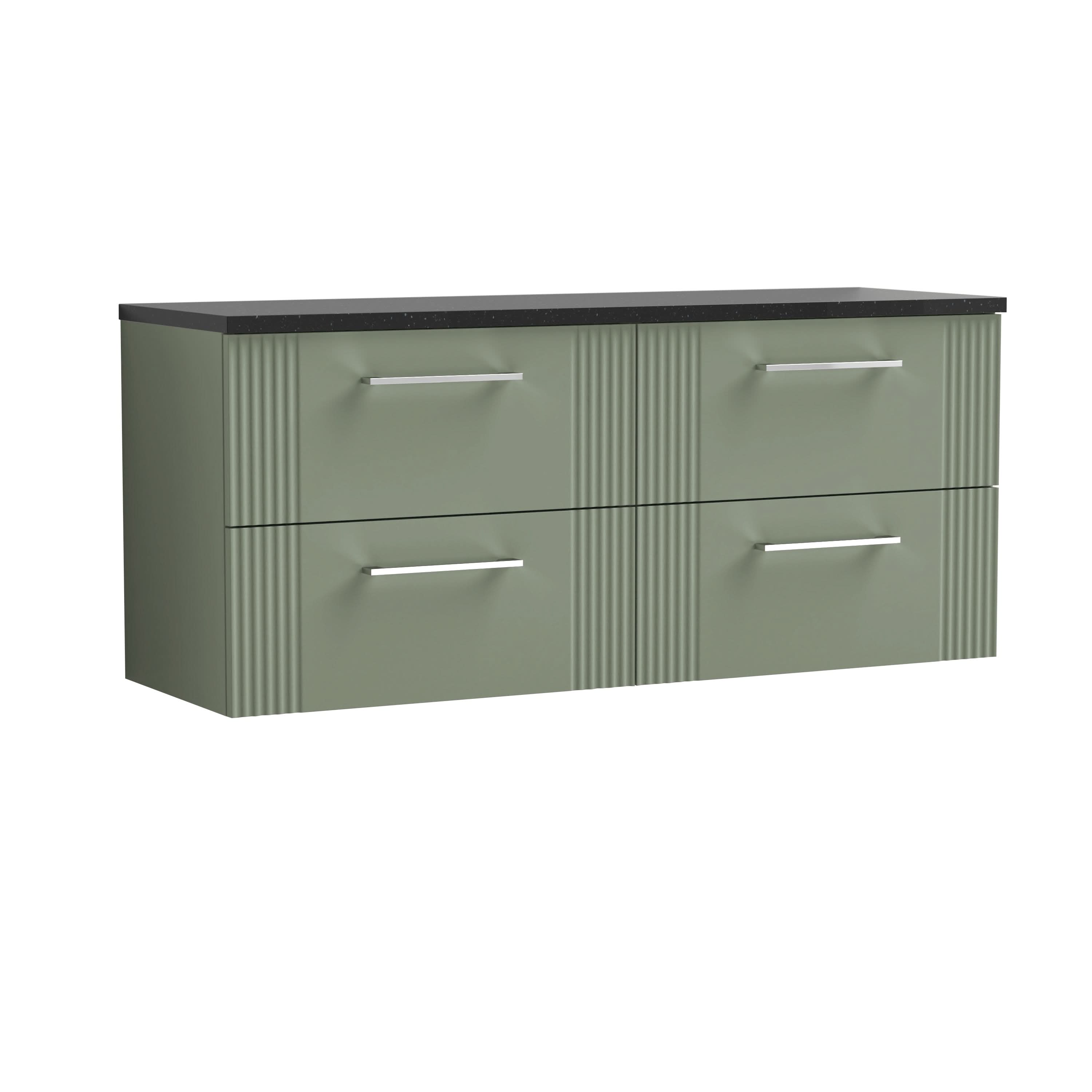 Nuie Deco Wall Hung 4-Drawer Vanity Unit & Black Laminate Worktop, Counter Top Vanity Unit in Satin Green, 1200mm