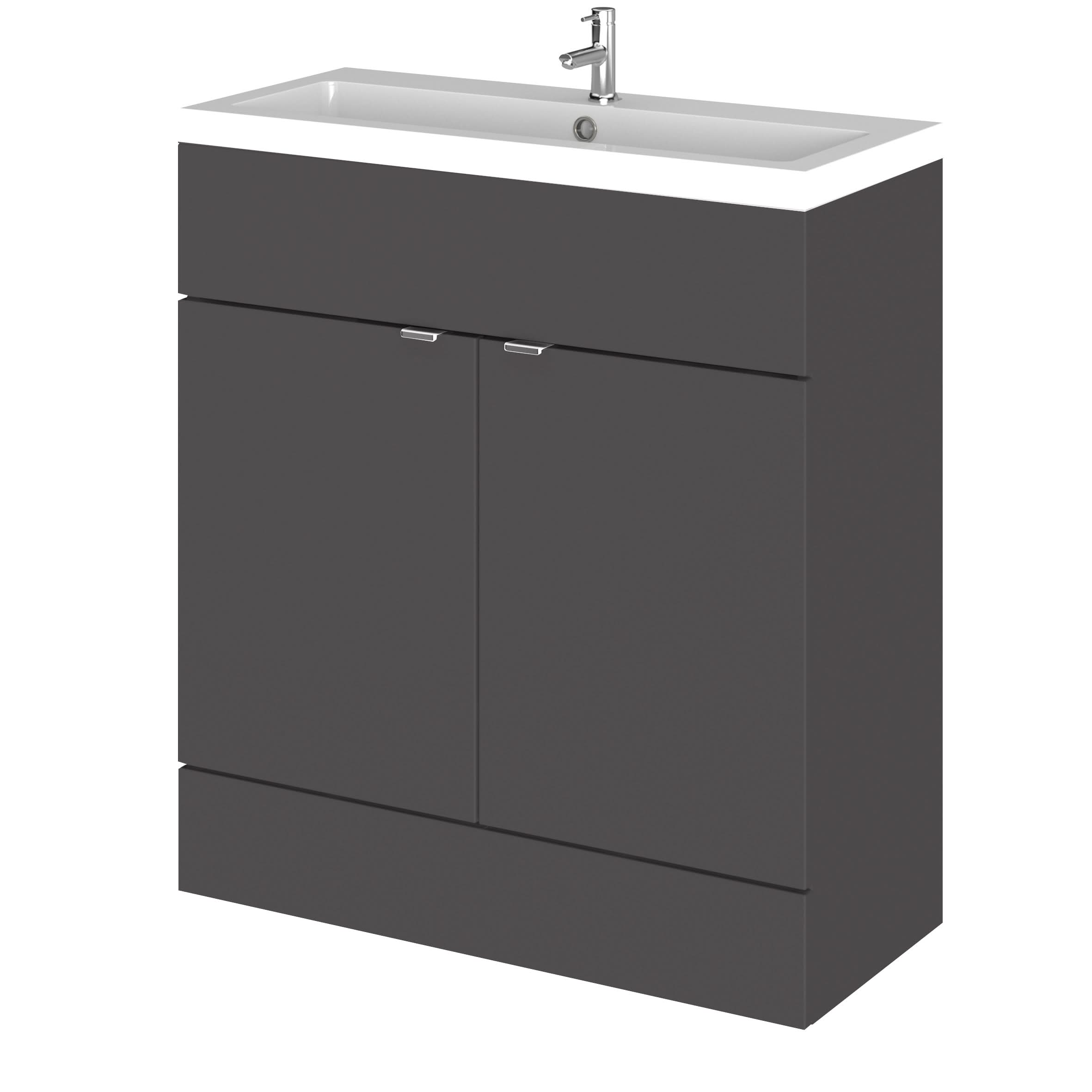 Hudson Reed Fusion Floor Standing 2 Door Vanity Unit & Polymarble Basin, Stylish Vanity Unit with Basin, Gloss Grey, 800mm