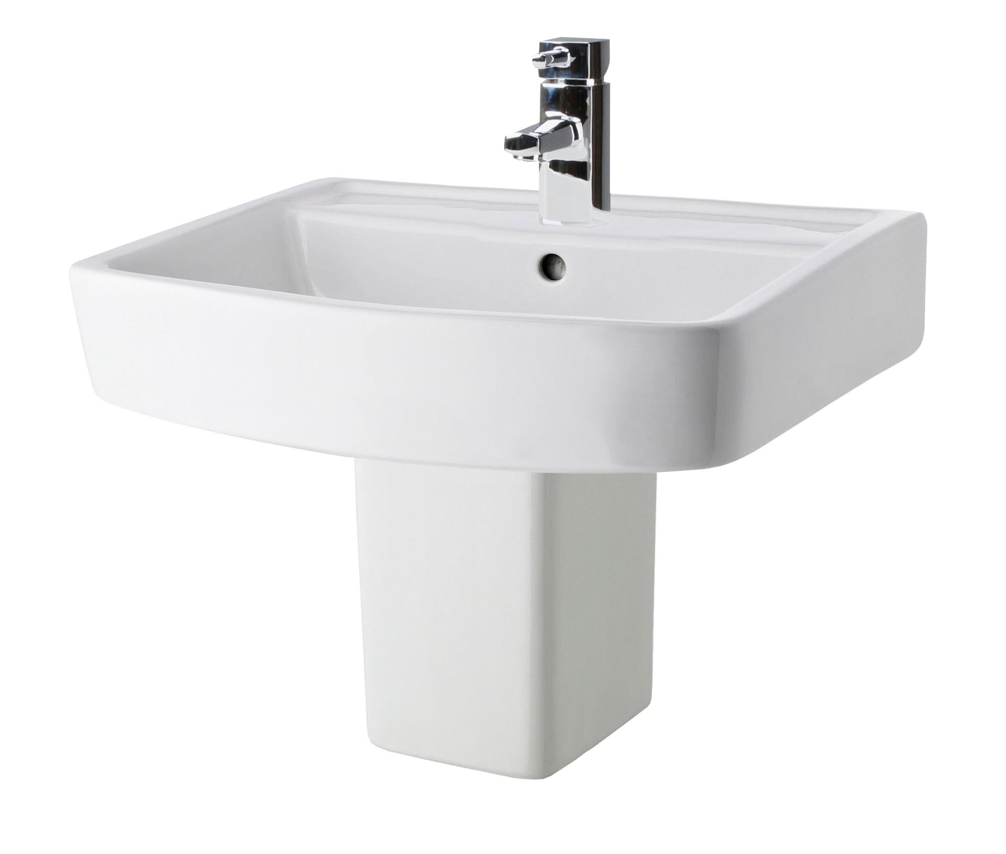 The Nuie Bliss 520mm Basin With Semi Pedestal (1 TH, White) by Nuie is shown with a chrome faucet against a plain white background.