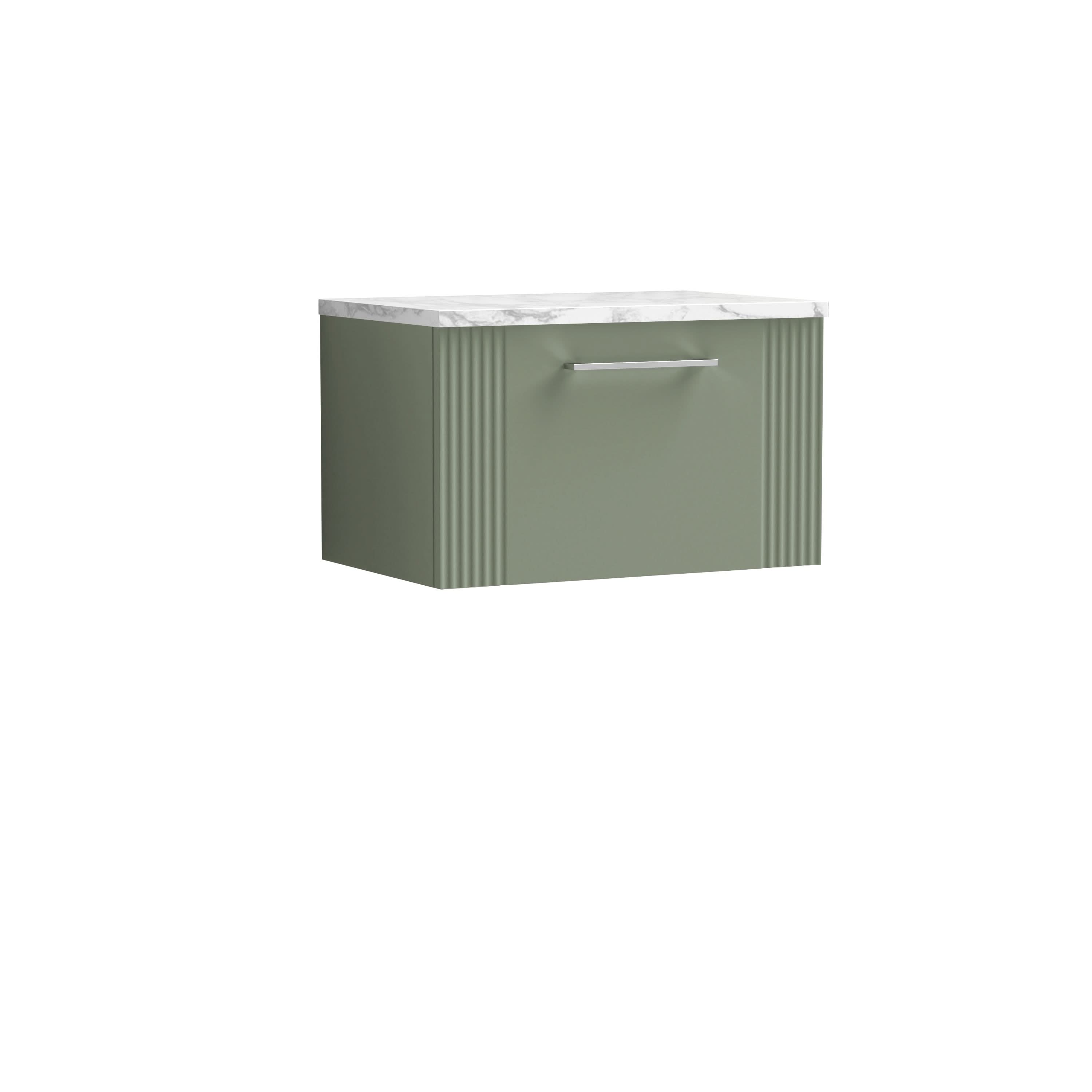 Nuie Deco Wall Hung 1-Drawer Vanity Unit & Bellato Grey Laminate Worktop, Counter Top Vanity Unit in Satin Green, 600mm