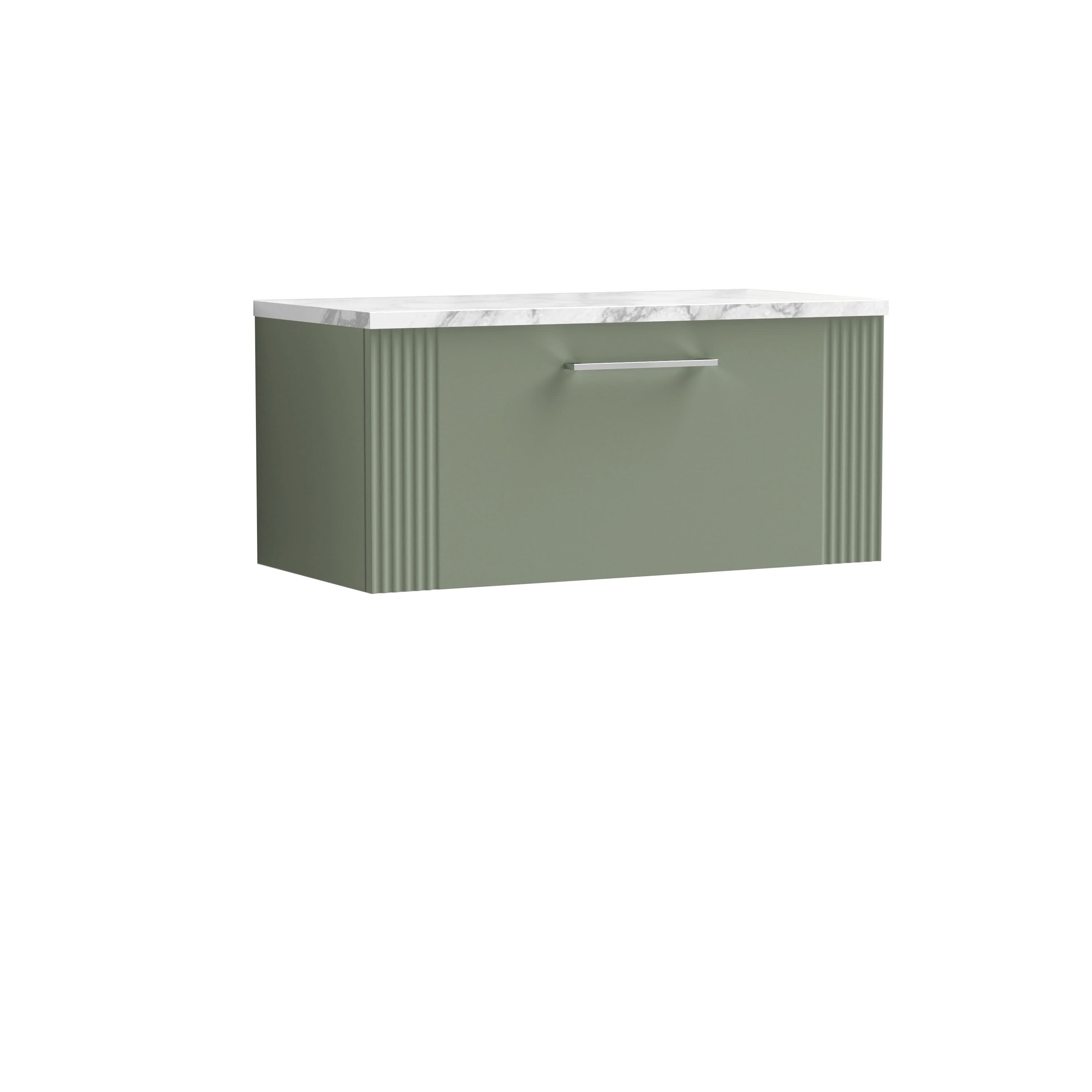 Nuie Deco Wall Hung 2-Drawer Vanity Unit & Bellato Grey Laminate Worktop, Counter Top Vanity Unit in Satin Green, 800mm