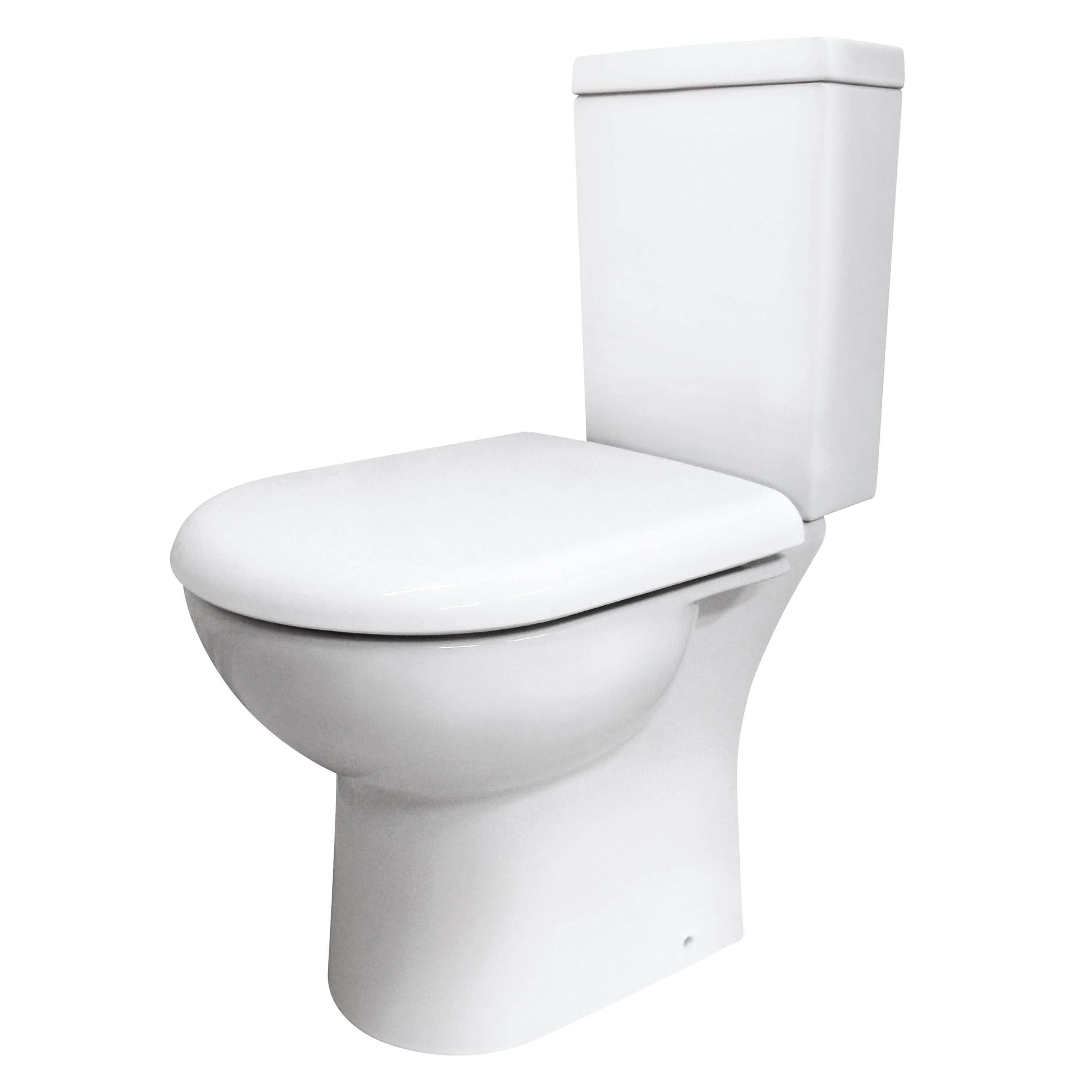 The Nuie Provost Open Back Close Coupled Toilet with Push Button Cistern in white by Nuie features a modern design, closed lid, and rectangular push button cistern, isolated on a plain white background.