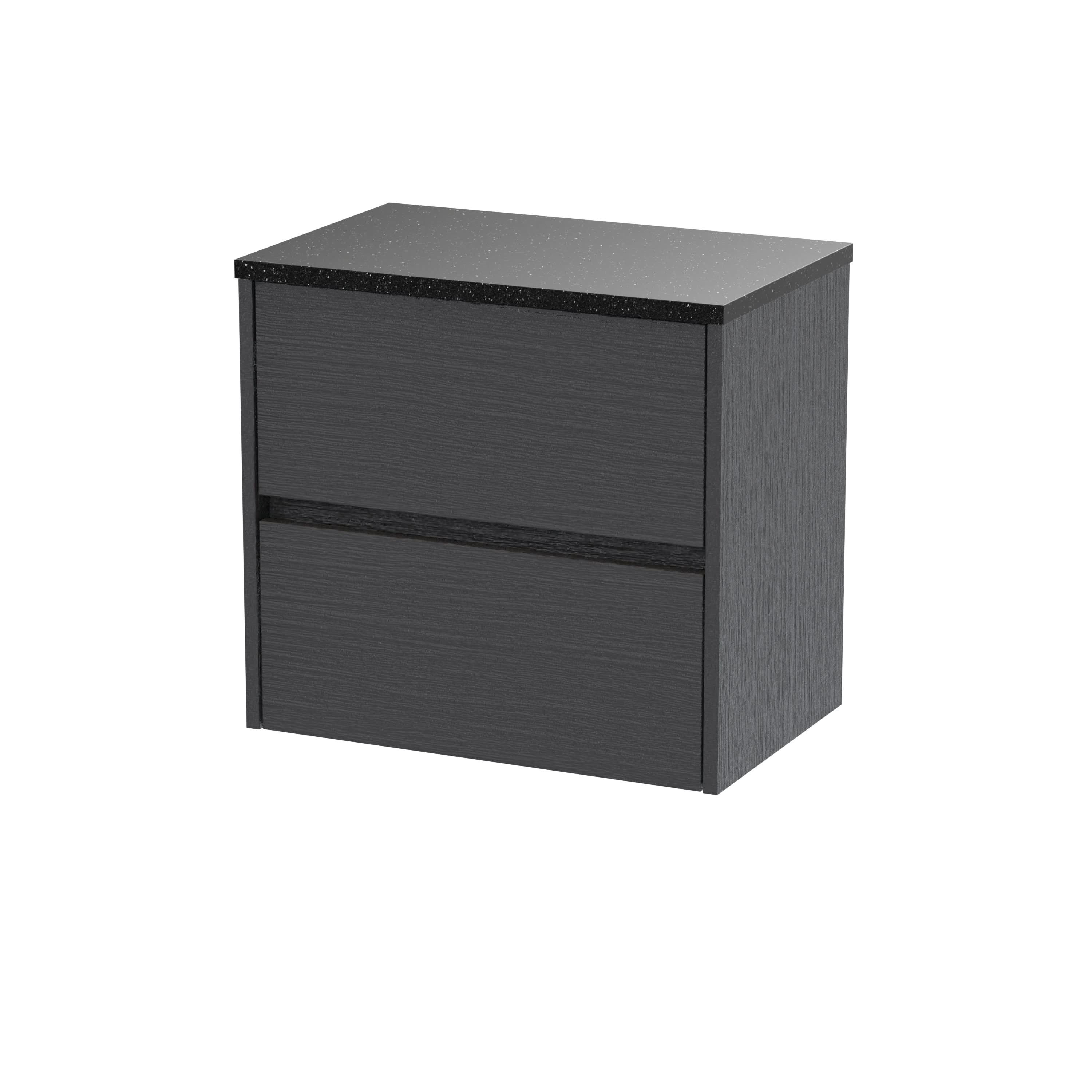 Nuie Havana Wall Hung 2-Drawer Vanity Unit & Worktop in Sparkling Black, Countertop Basin Unit, Graphite Grey Woodgrain, 600mm