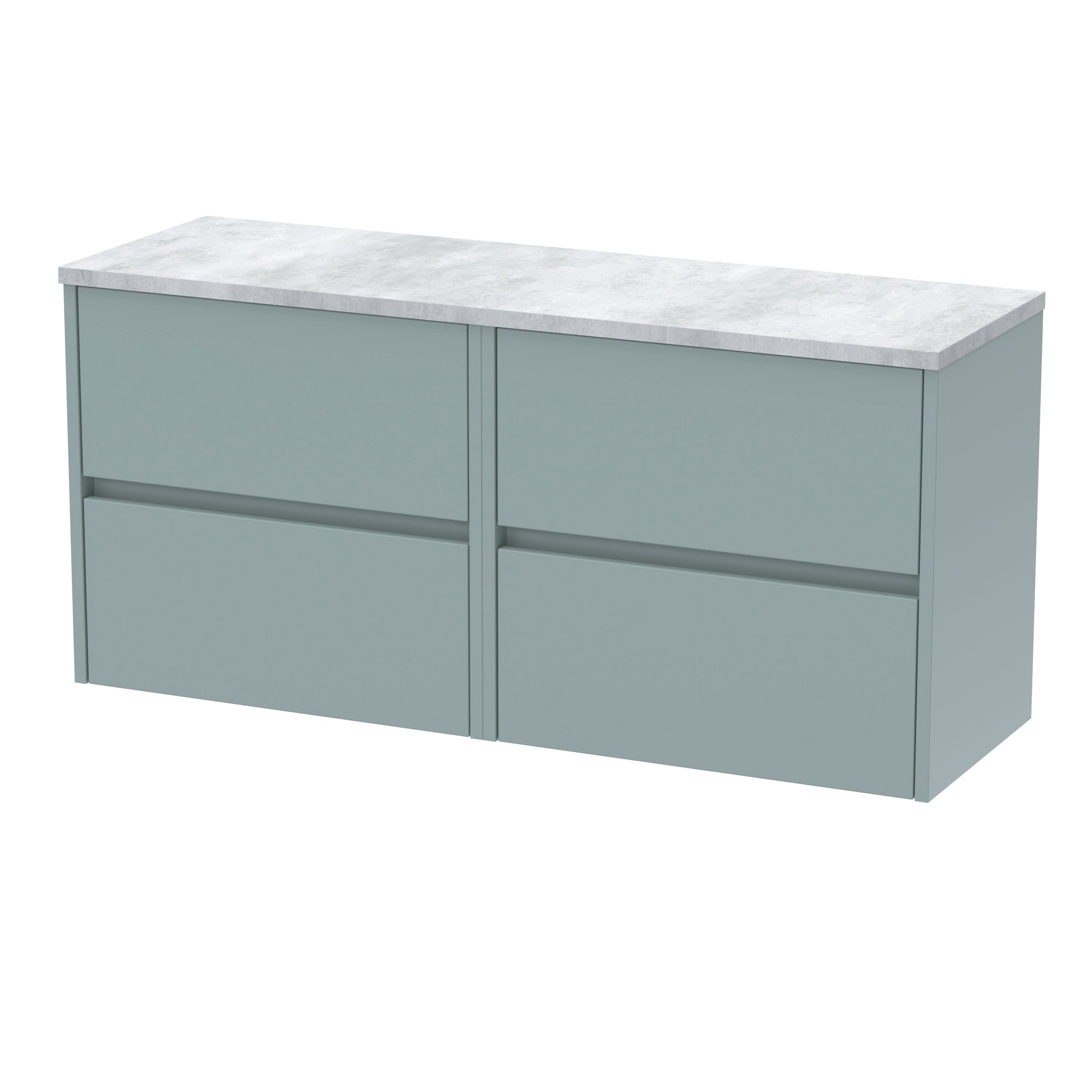 Nuie Havana Wall Hung 4-Drawer Vanity Unit & Worktop in Carrera Marble, Countertop Basin Unit in Coastal Grey, 1200mm