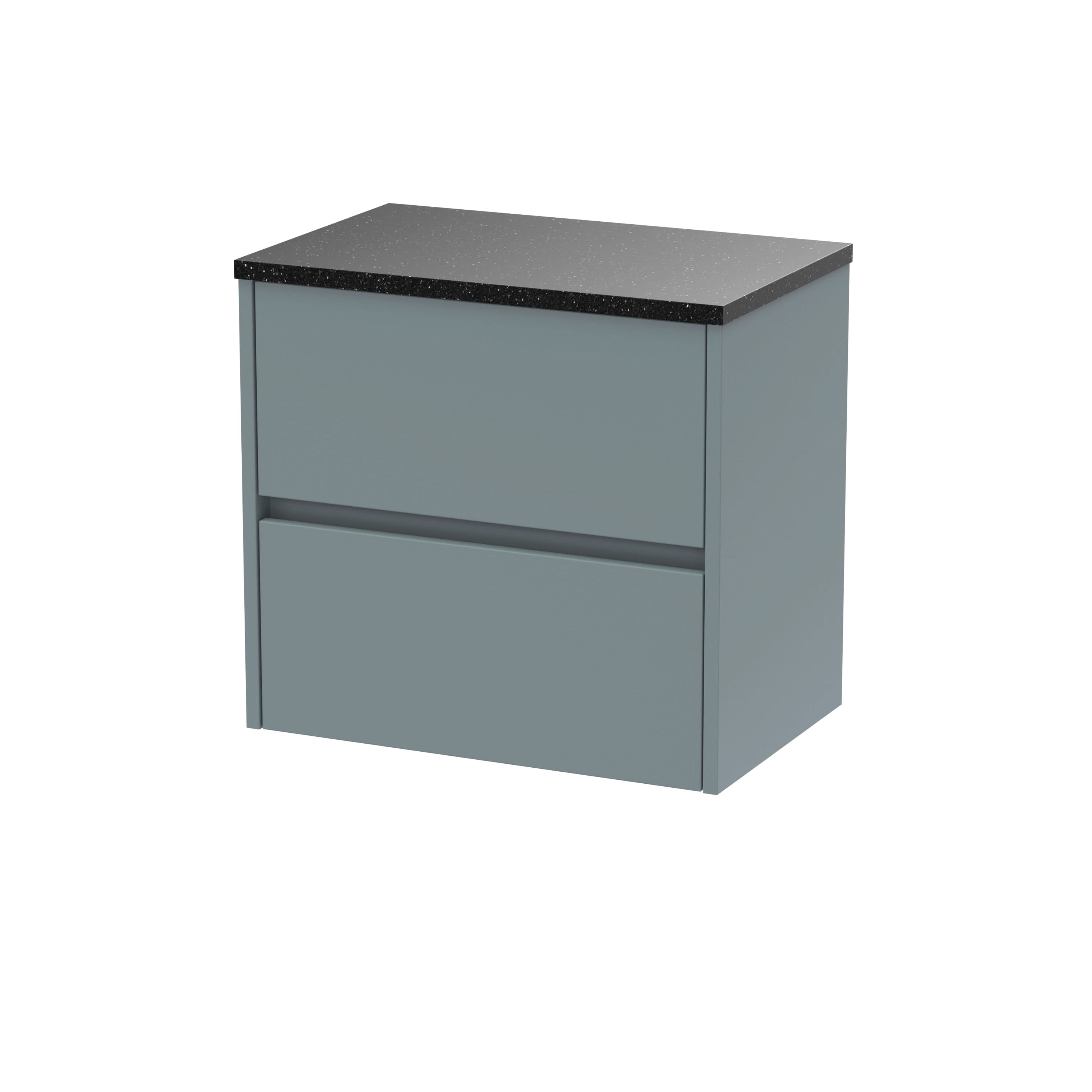 Nuie Havana Wall Hung 2-Drawer Vanity Unit & Worktop in Sparkling Black, Countertop Basin Unit in Coastal Grey, 600mm
