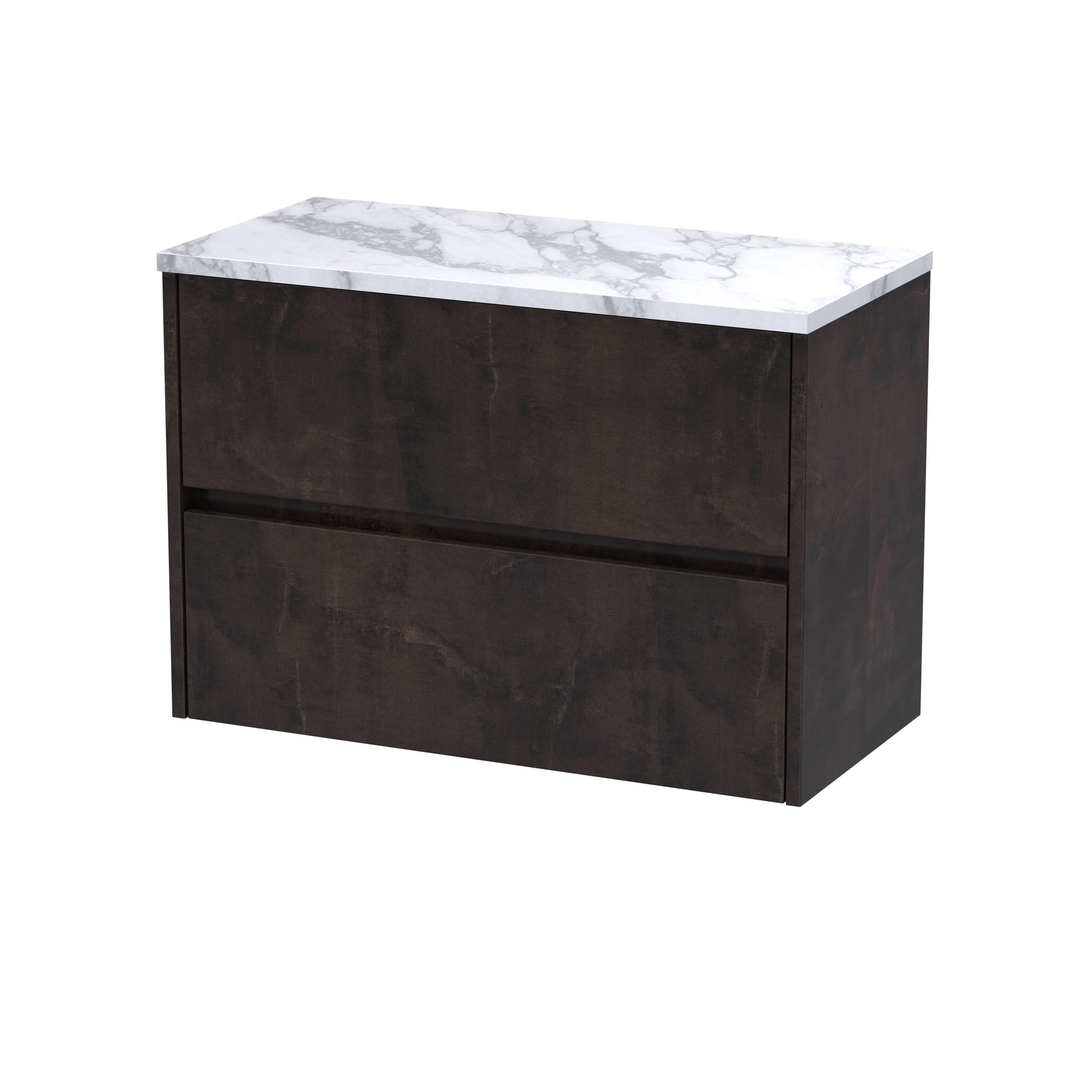 Nuie Havana Wall Hung 2-Drawer Vanity Unit & Worktop in Carrera Marble, Countertop Basin Unit in Metallic Slate, 800mm