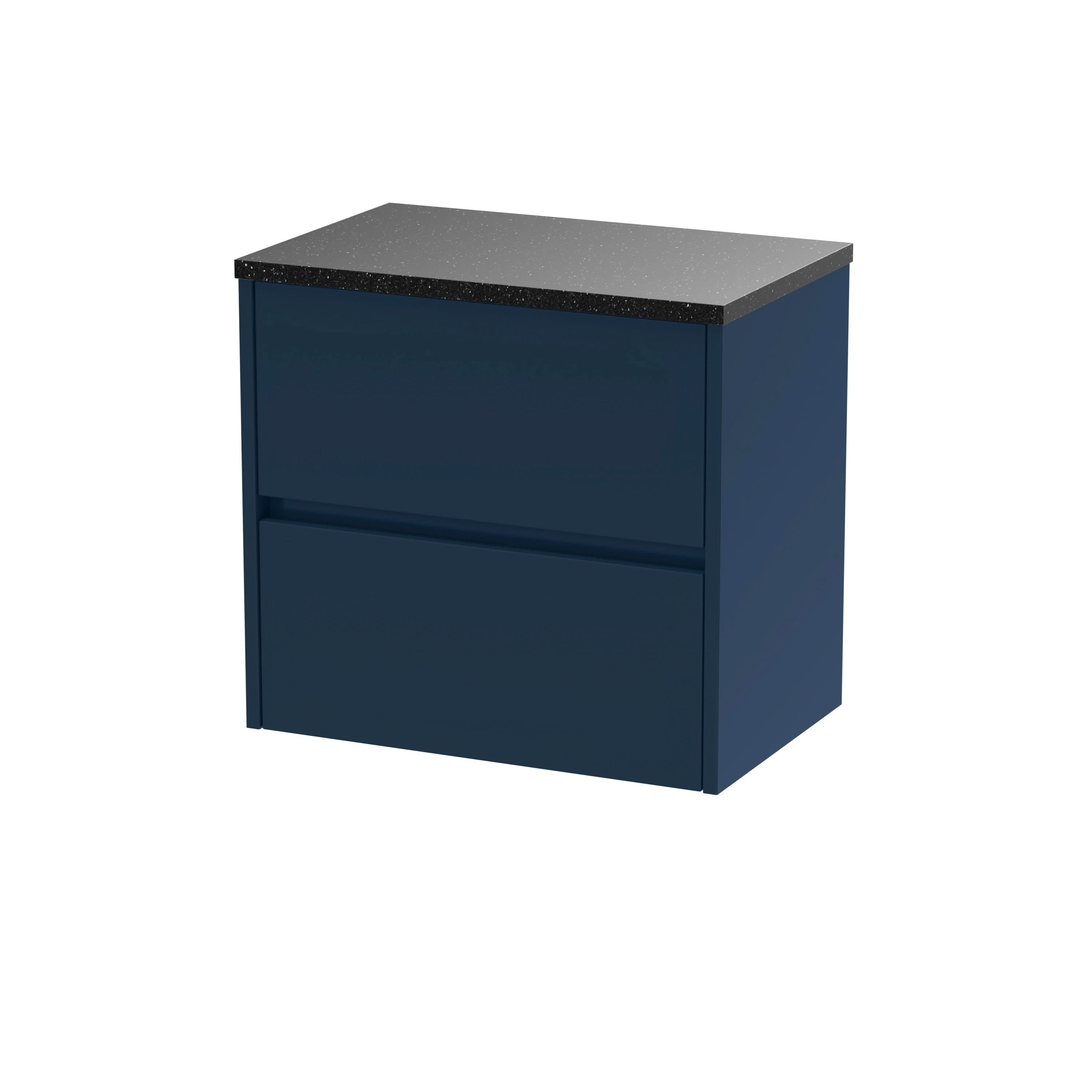 Nuie Havana Wall Hung 2-Drawer Vanity Unit & Worktop in Sparkling White, Countertop Basin Unit in Midnight Blue, 600mm