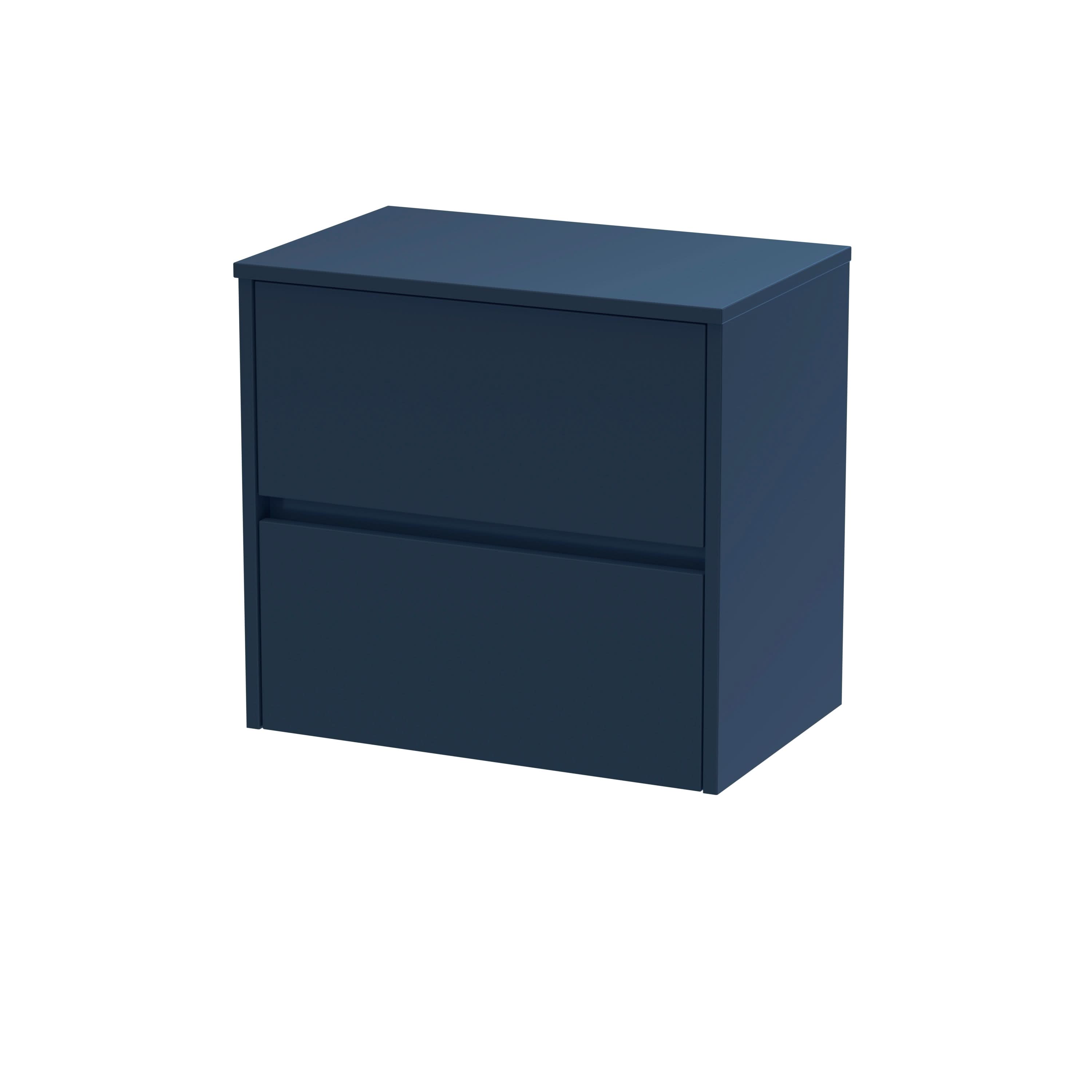 Nuie Havana Wall Hung 2-Drawer Vanity Unit & Worktop in Indigo Blue, Countertop Basin Unit in Midnight Blue, 600mm
