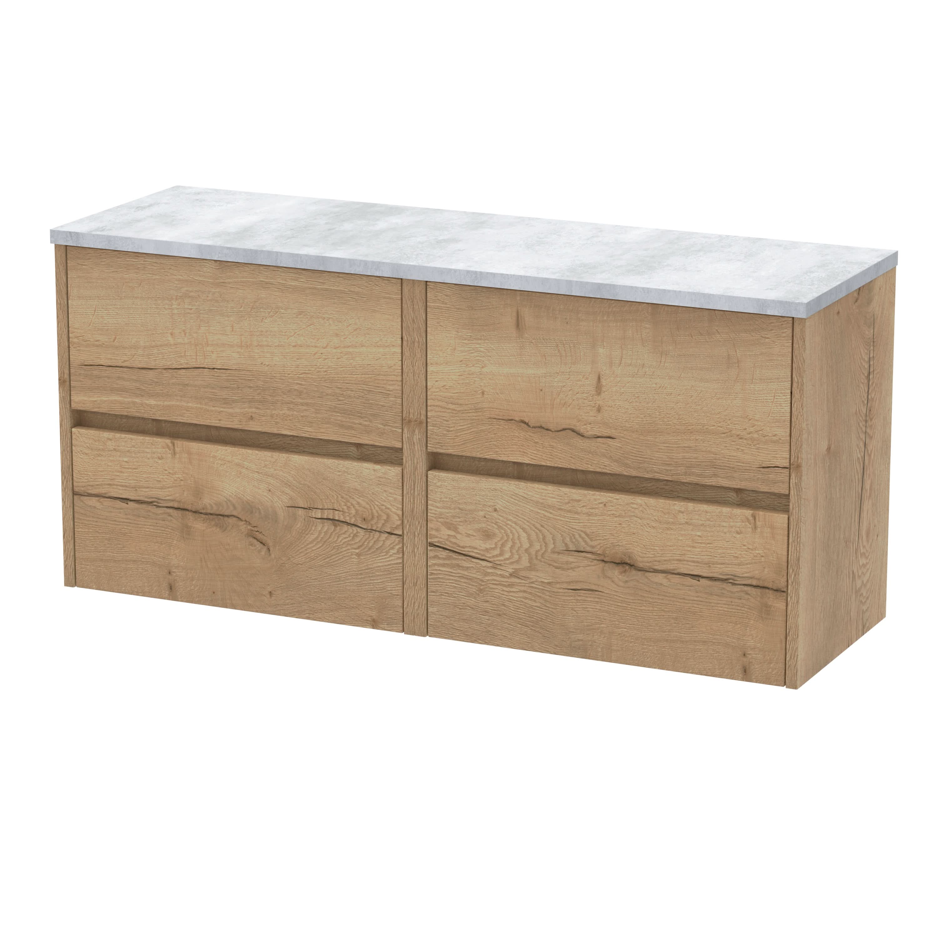 Nuie Havana Wall Hung 4-Drawer Vanity Unit & Worktop in Carrera Marble, Countertop Basin Unit in Autumn Oak, 1200mm