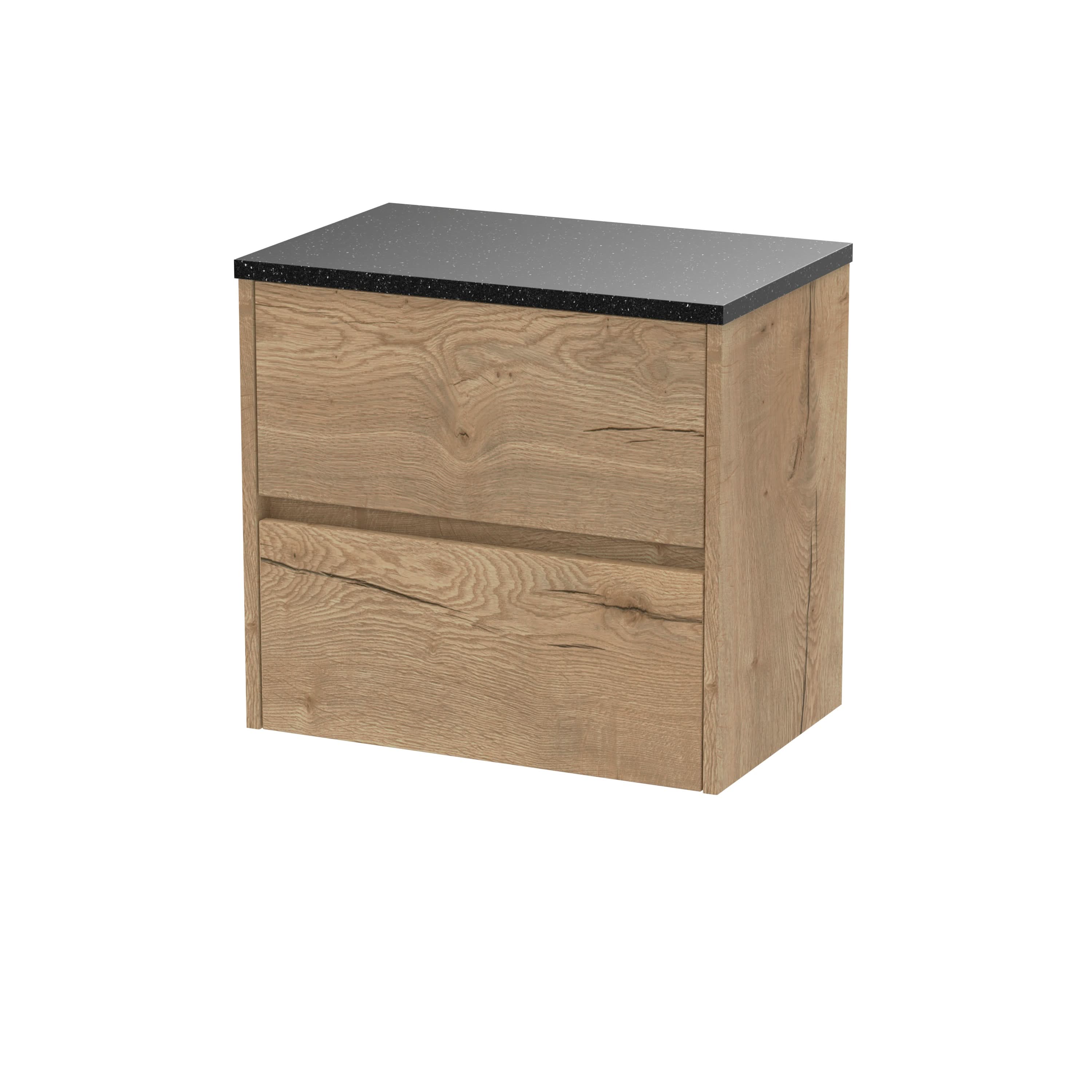 Nuie Havana Wall Hung 2-Drawer Vanity Unit & Worktop in Sparkling Black, Countertop Basin Unit in Autumn Oak, 600mm
