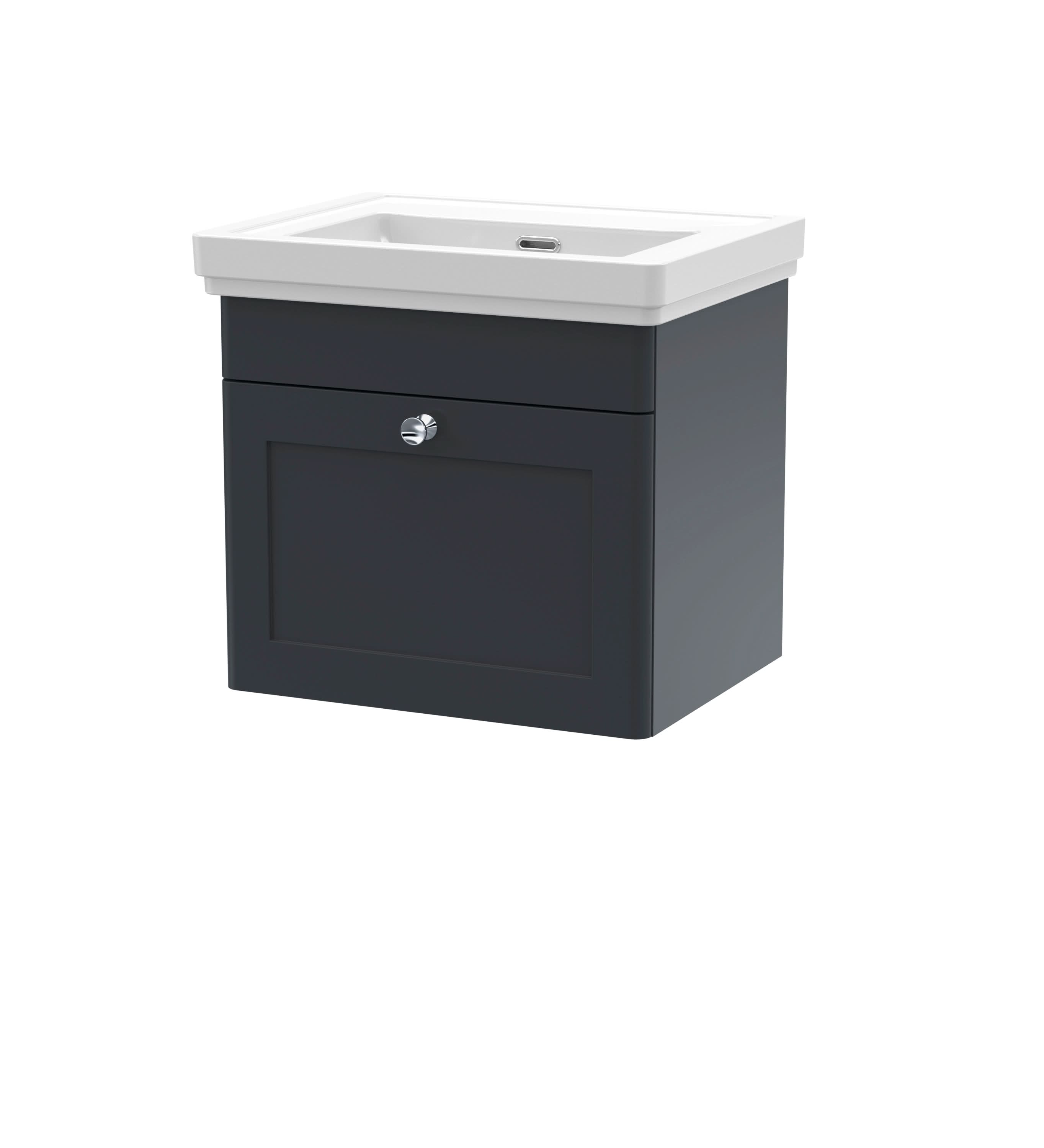 Nuie Classique Wall Hung 1 Drawer Unit Without Tap Hole Fireclay Basin, Contemporary Sink Vanity Unit in Soft Black, 500mm