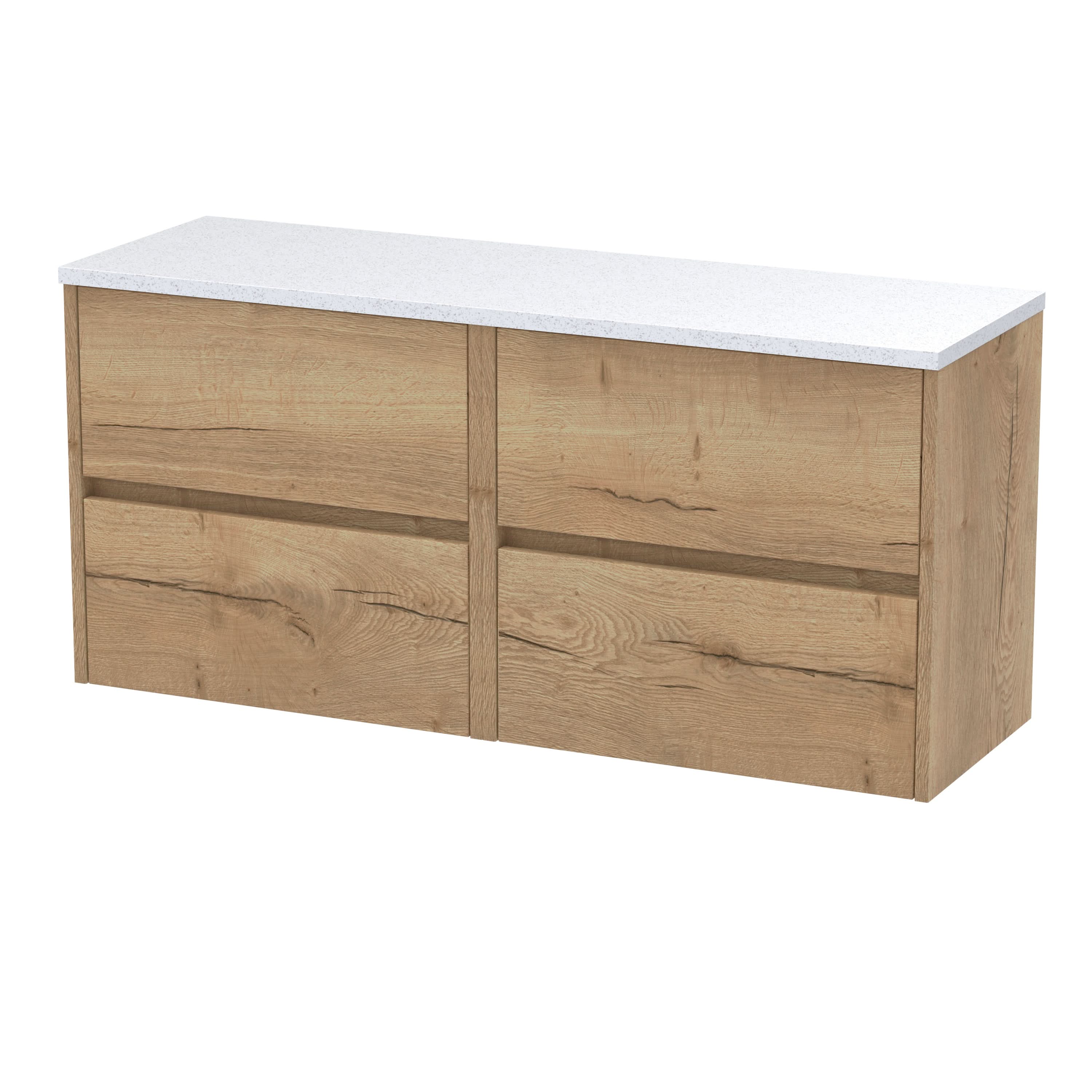 Nuie Havana Wall Hung 4-Drawer Vanity Unit & Worktop in Gloss White, Countertop Basin Unit in Autumn Oak, 1200mm