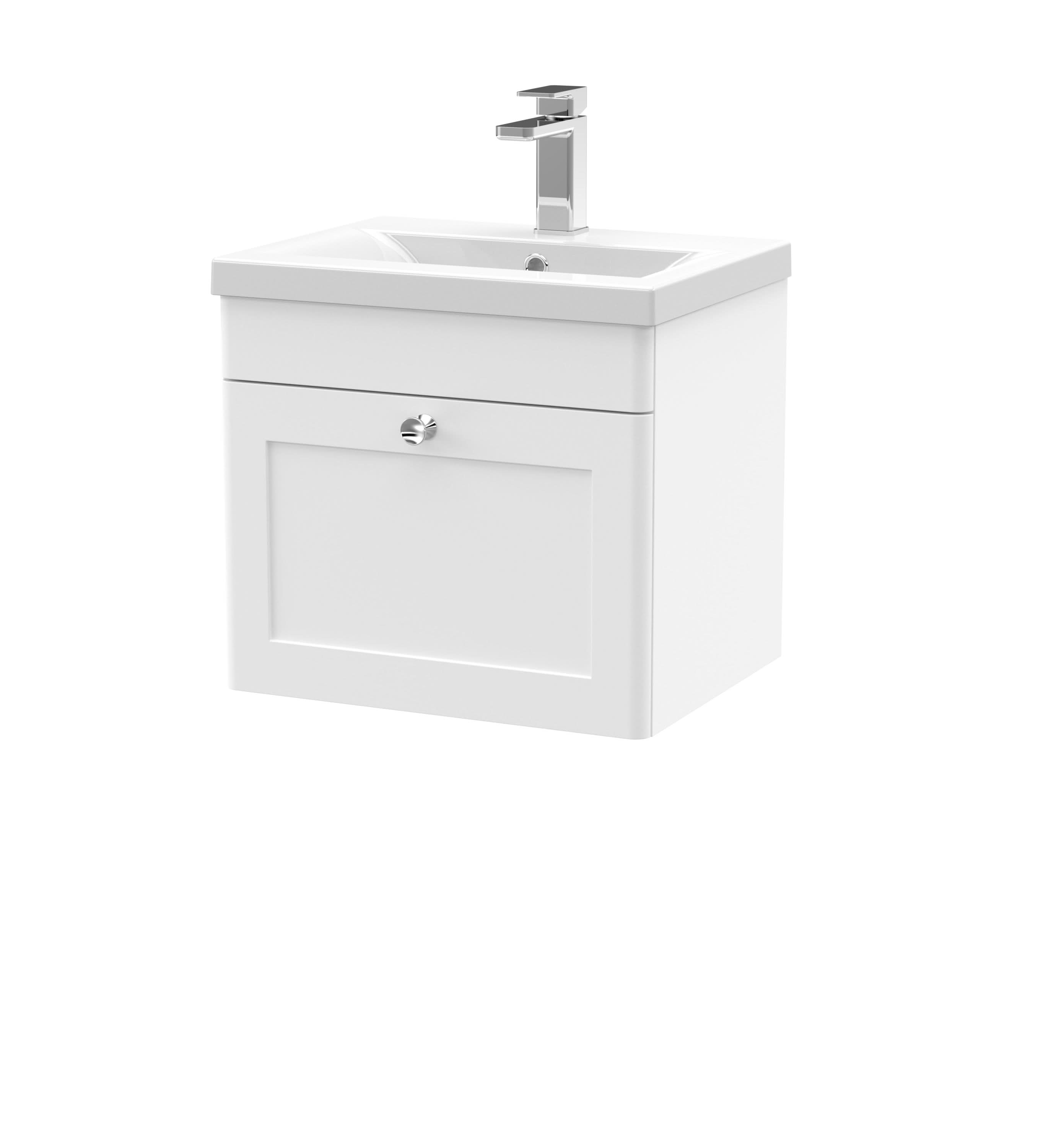 Nuie Classique Wall Hung 1 Drawer Vanity Unit & Mid-Edge Ceramic Basin, Sink Vanity Unit in Satin White with White Basin, 500mm