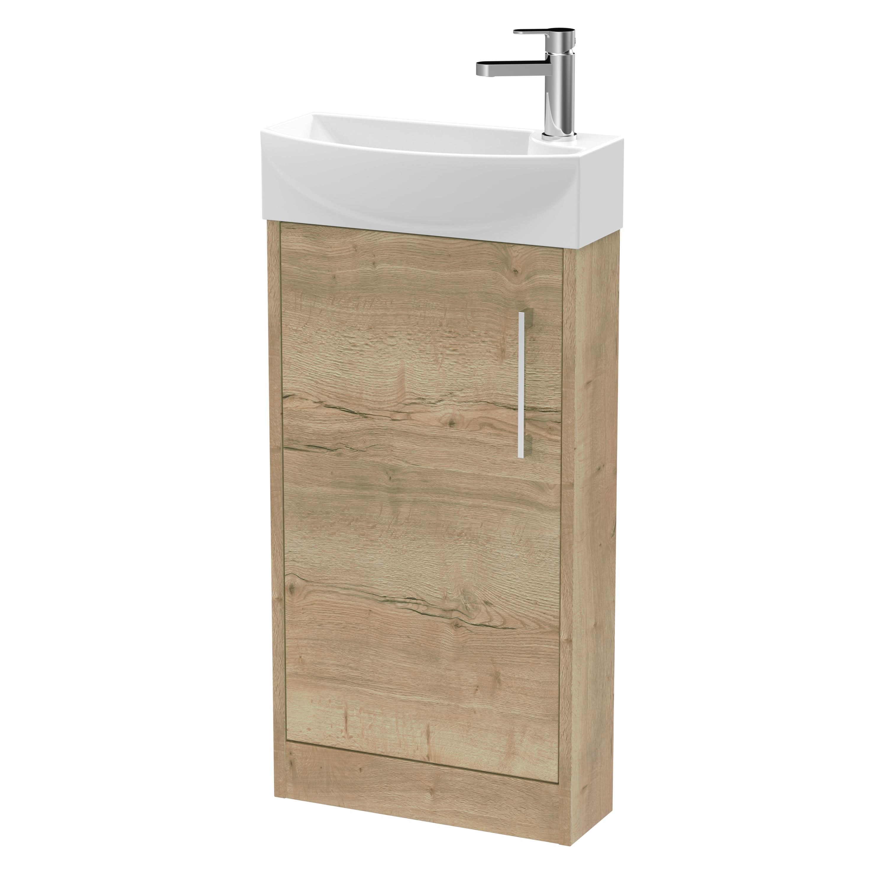 Hudson Reed Juno Compact Floor Standing Single Door Unit and 1 Tap Hole Basin, Left Hand Cloakroom Sink Vanity Unit, Autumn Oak, 440mm