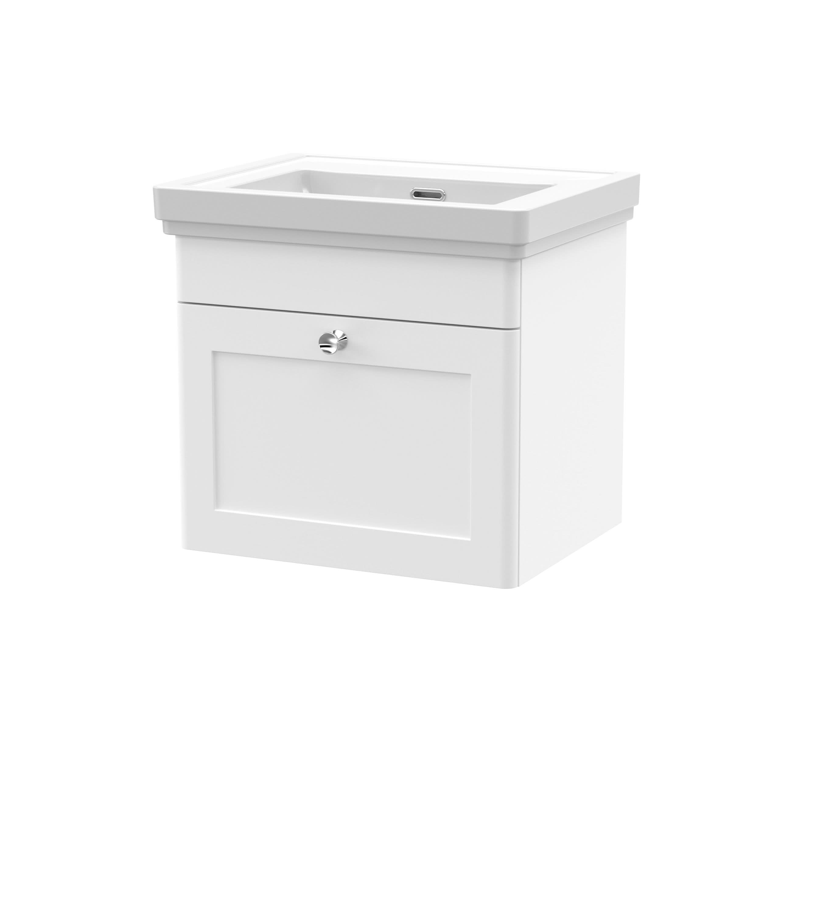Nuie Classique Wall Hung 1 Drawer Vanity Unit without Tap Hole Fireclay Basin, Stylish Sink Vanity Unit in Satin White, 500mm