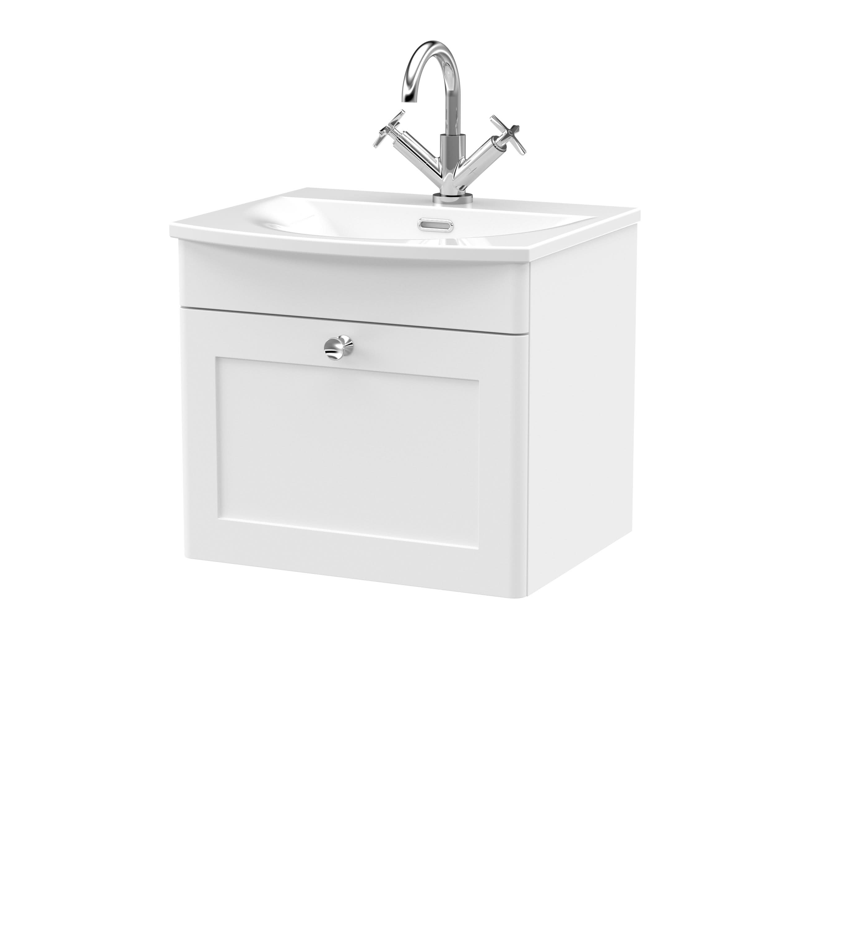 Nuie Classique Wall Hung 1 Drawer Vanity Unit & Curved Ceramic Basin, Sink Vanity Unit in Satin White with White Basin, 500mm