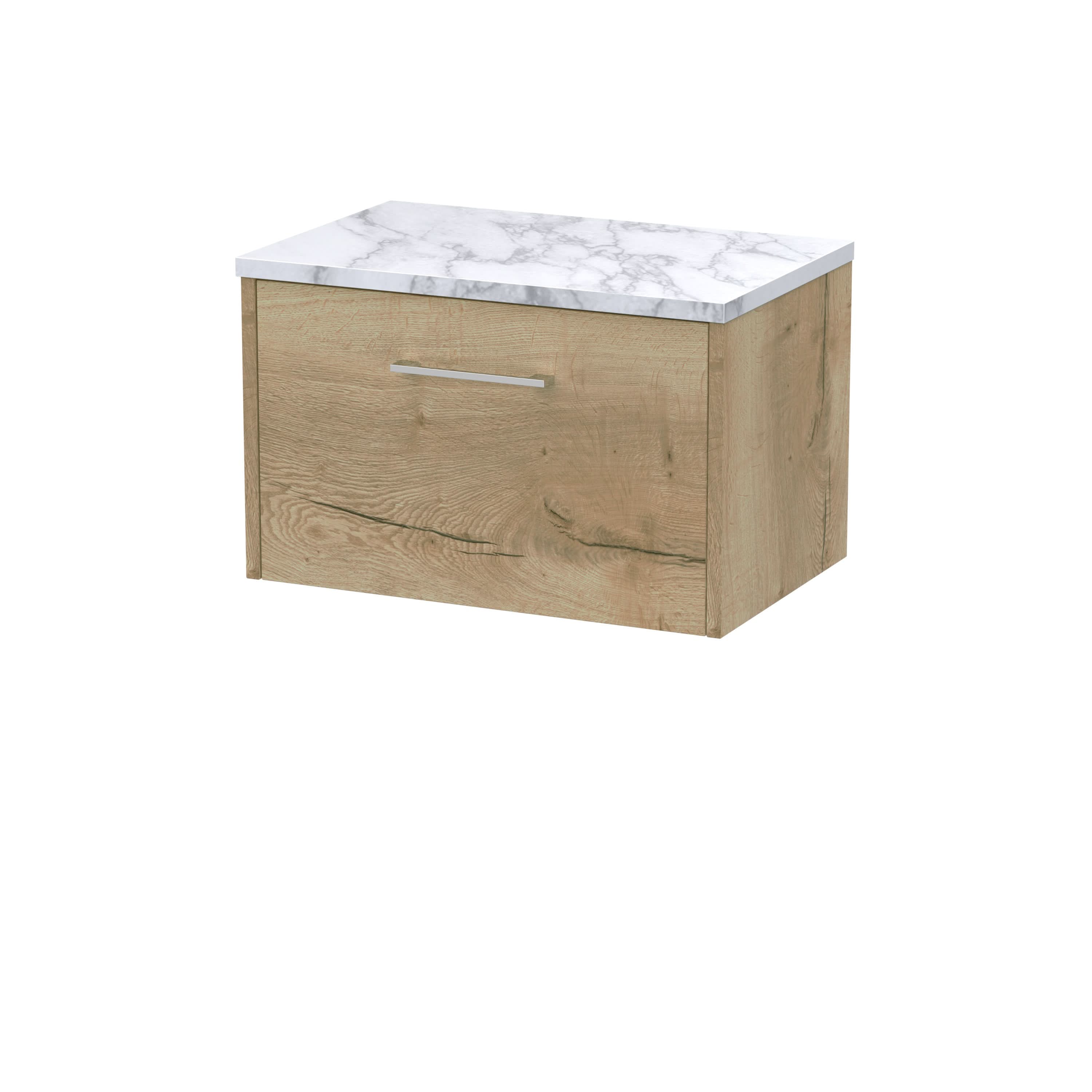 Hudson Reed Juno Wall Hung 1-Drawer Vanity Unit & Carrera Marble Worktop, Stylish Countertop Basin Unit in Autumn Oak, 600mm