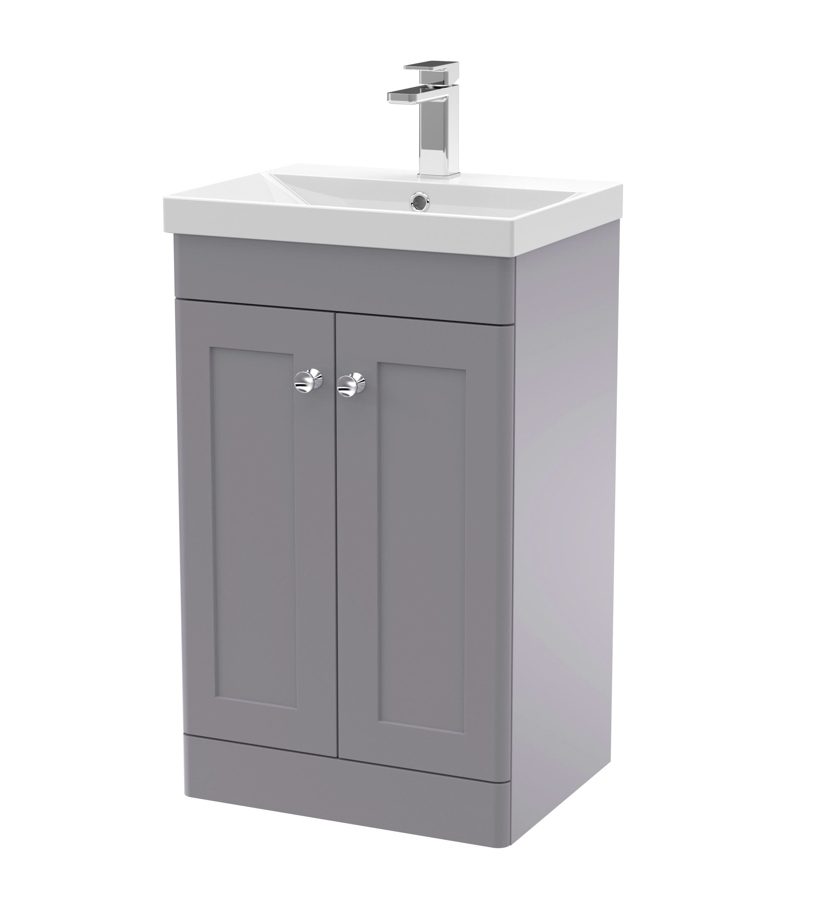 Nuie Classique Floor Standing 2 Door Vanity Unit & Thin-Edge Ceramic Basin, Stylish Sink Vanity Unit in Satin Grey with White Basin, 500mm