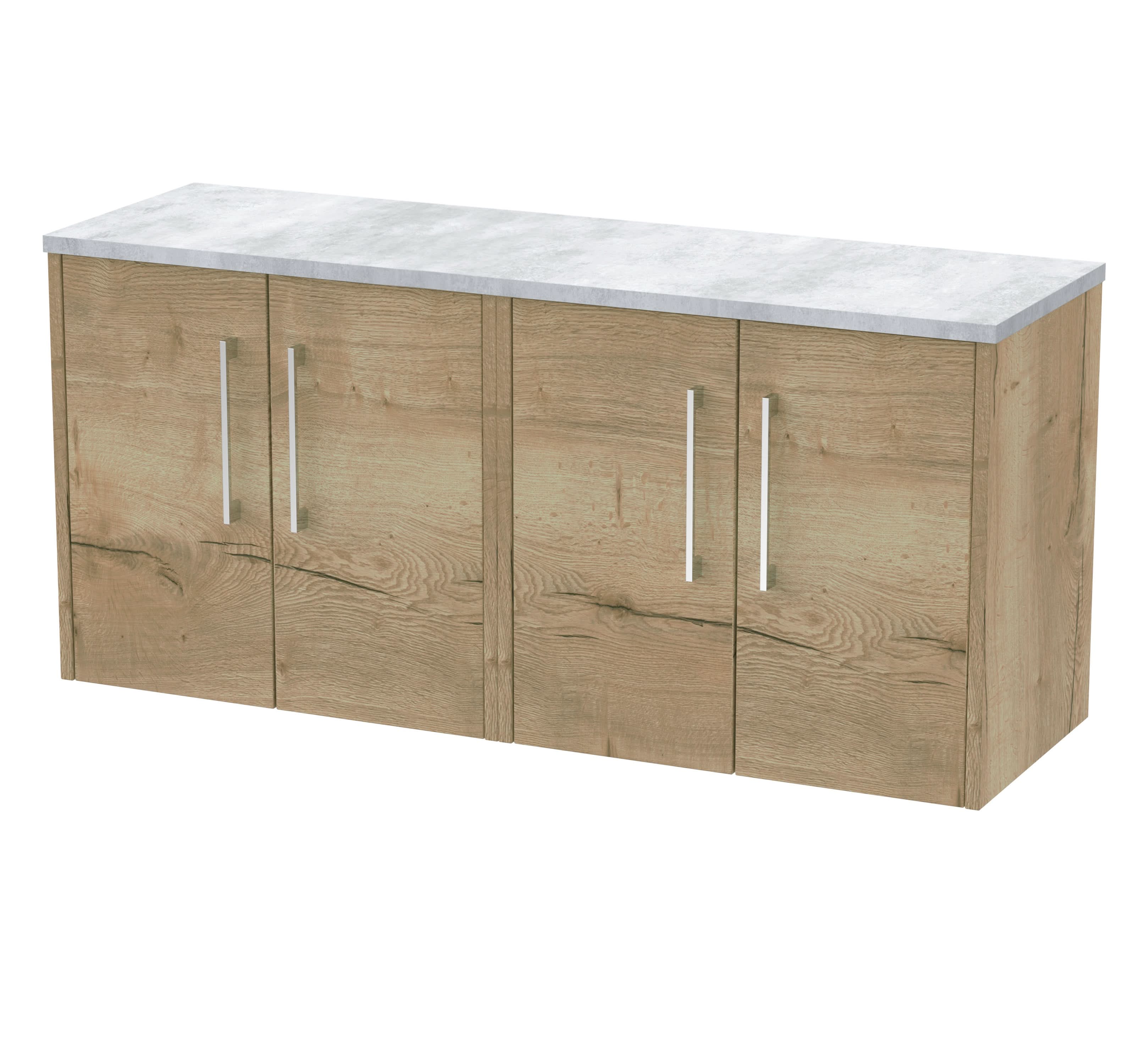 Hudson Reed Juno Wall Hung 4-Door Vanity Unit & Bellato Grey Laminate Worktop, Sleek Countertop Basin Unit in Autumn Oak, 1200mm