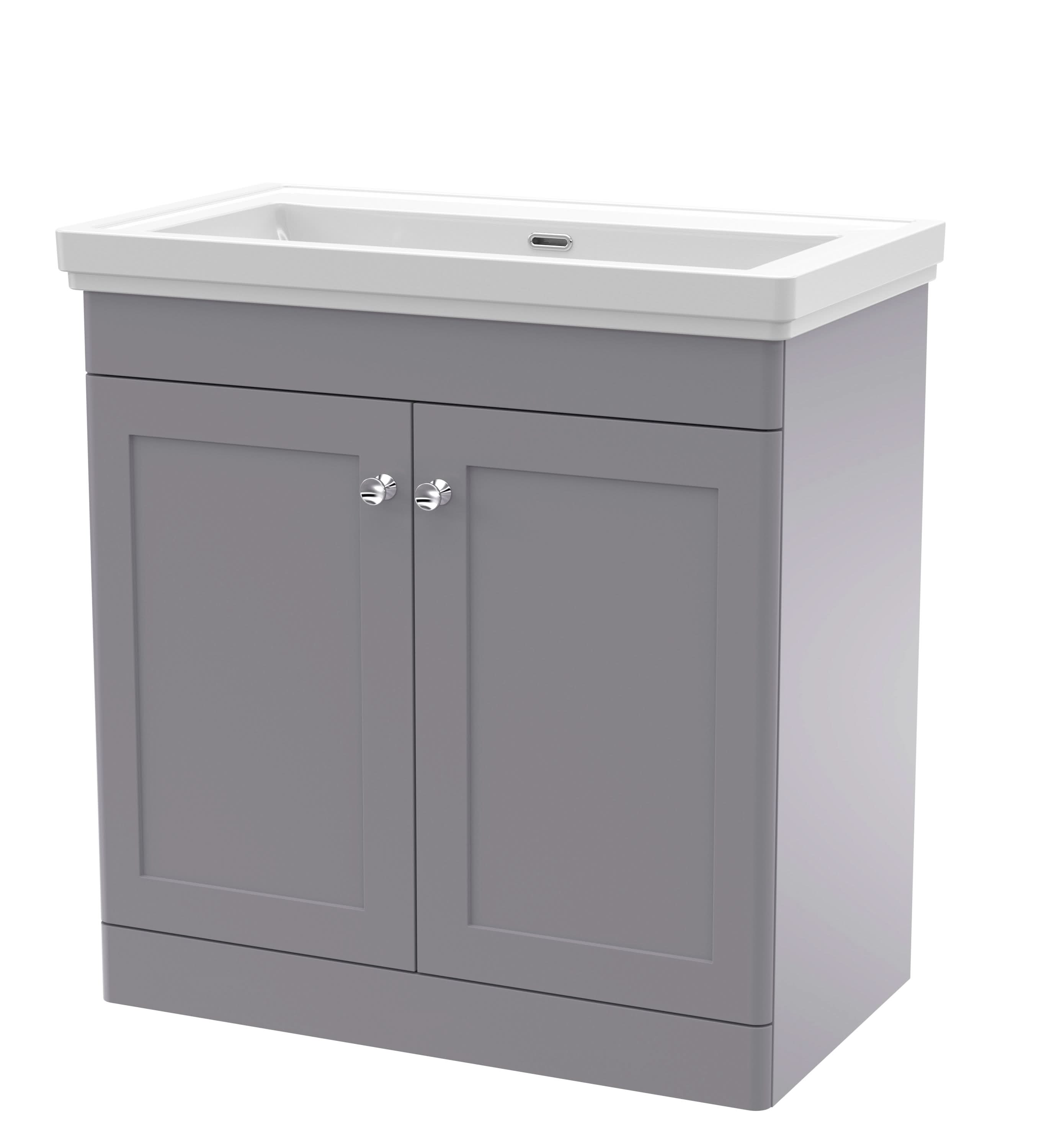 Nuie Classique Floor Standing 2 Door Vanity Unit without Tap Hole Fireclay Basin, Stylish Sink Vanity Unit in Satin Grey with White Basin, 800mm