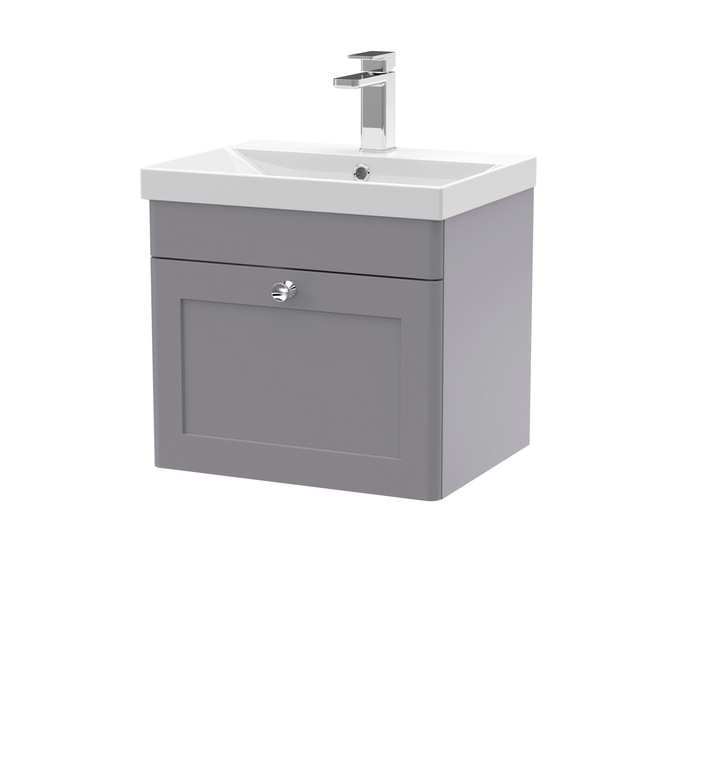 Nuie Classique Wall Hung 1 Drawer Vanity Unit & Thin-Edge Ceramic Basin, Contemporary Sink Vanity Unit in Satin Grey with White Basin, 500mm