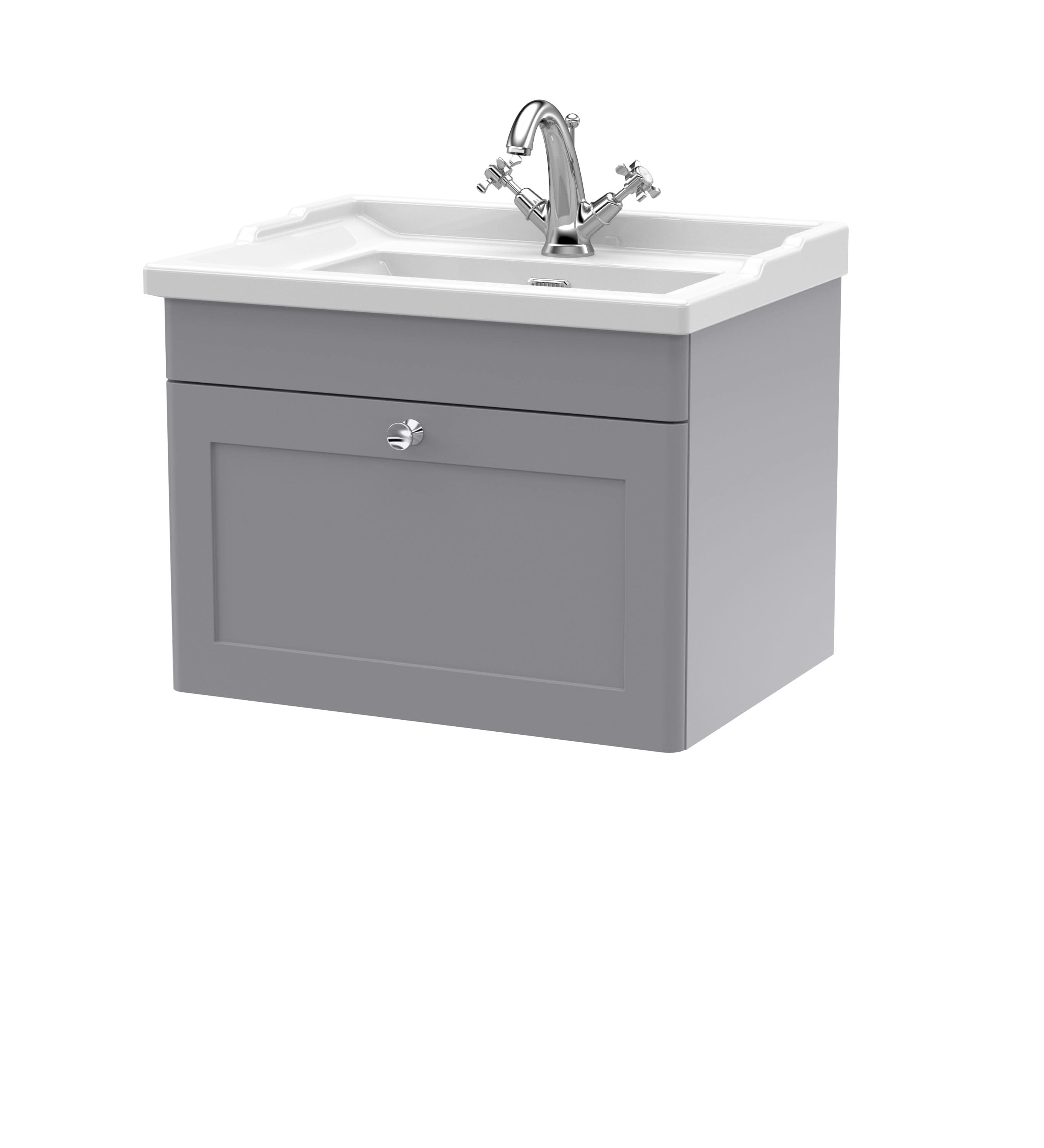 Nuie Classique Wall Hung 1 Drawer Vanity Unit & 1 Tap Hole Fireclay Basin, Contemporary Sink Vanity Unit in Satin Grey with White Basin, 600mm