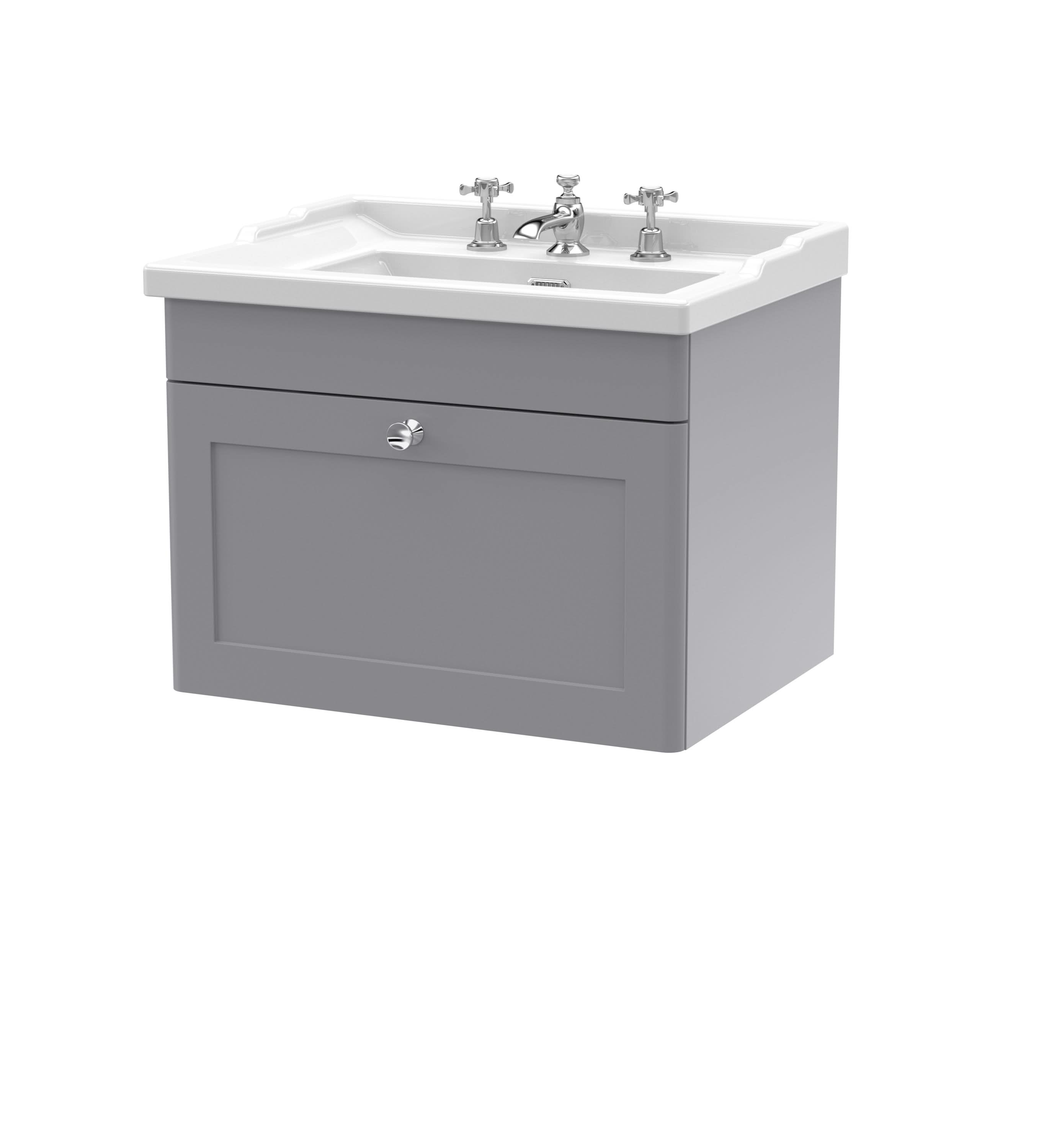Nuie Classique Wall Hung 1 Drawer Vanity Unit & 3 Tap Hole Fireclay Basin, Contemporary Sink Vanity Unit in Satin Grey with White Basin, 600mm