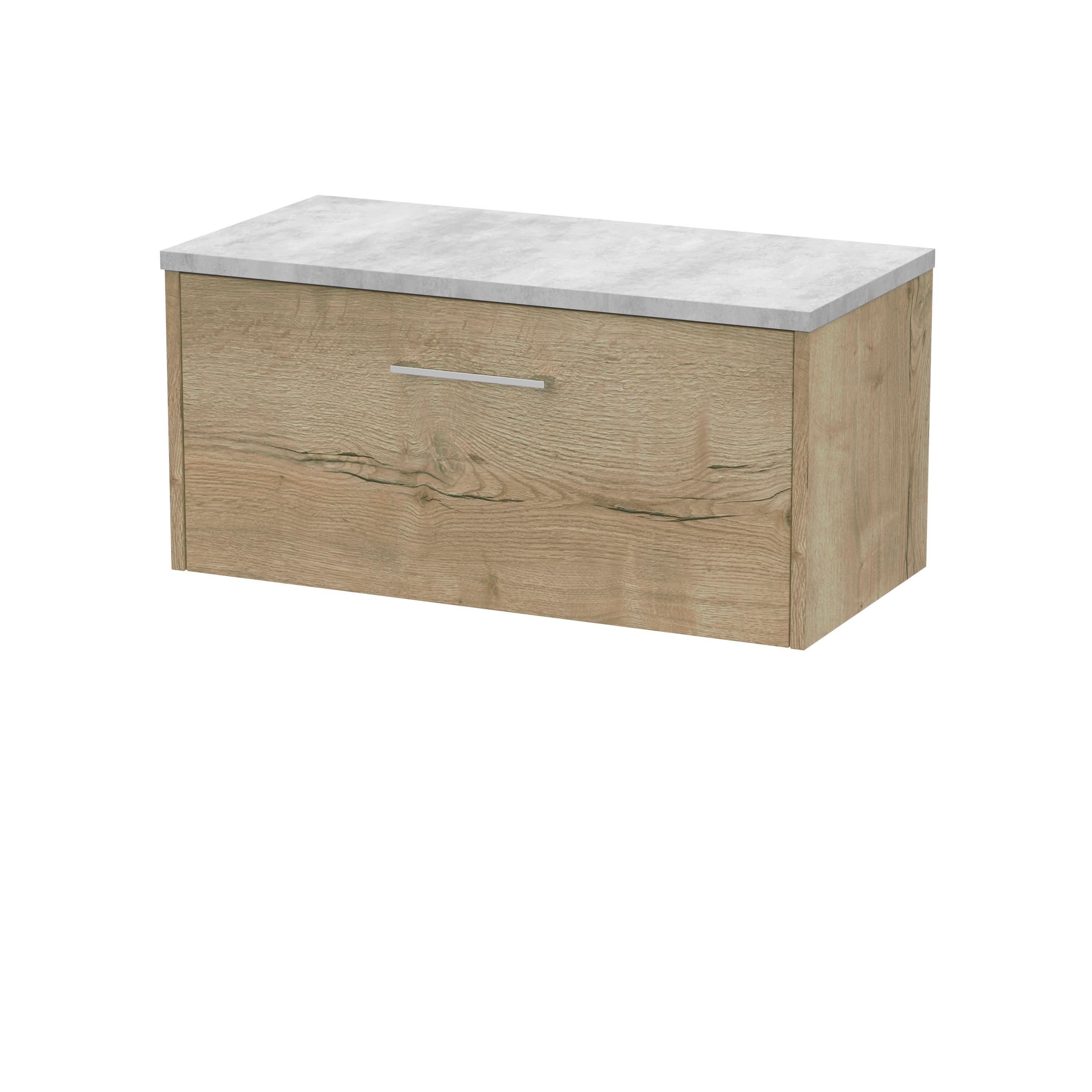 Hudson Reed Juno Wall Hung 1-Drawer Vanity Unit & Bellato Grey Worktop, Stylish Countertop Basin Unit in Autumn Oak, 800mm