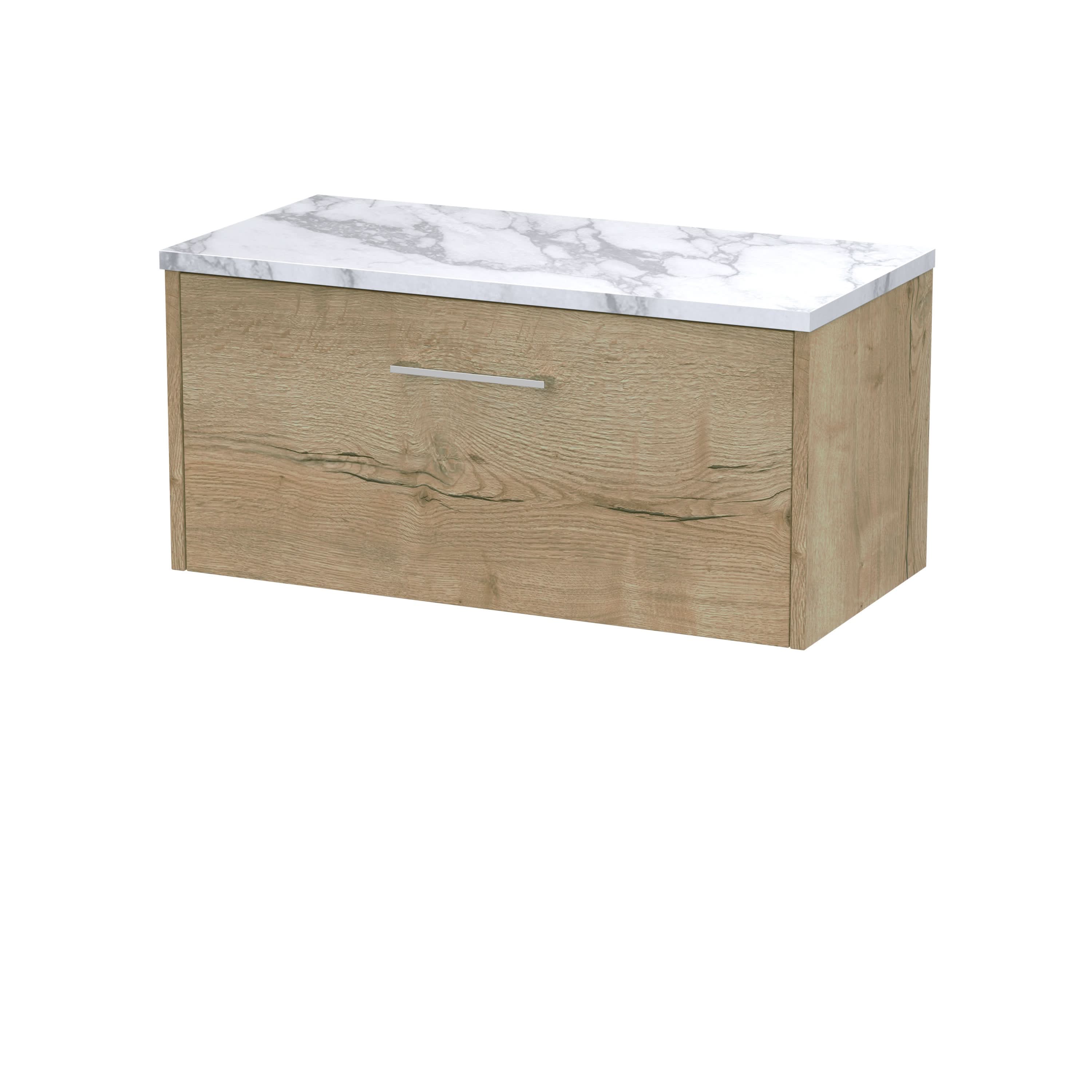 Hudson Reed Juno Wall Hung 1-Drawer Vanity Unit & Carrera Marble Worktop, Stylish Countertop Basin Unit in Autumn Oak, 800mm