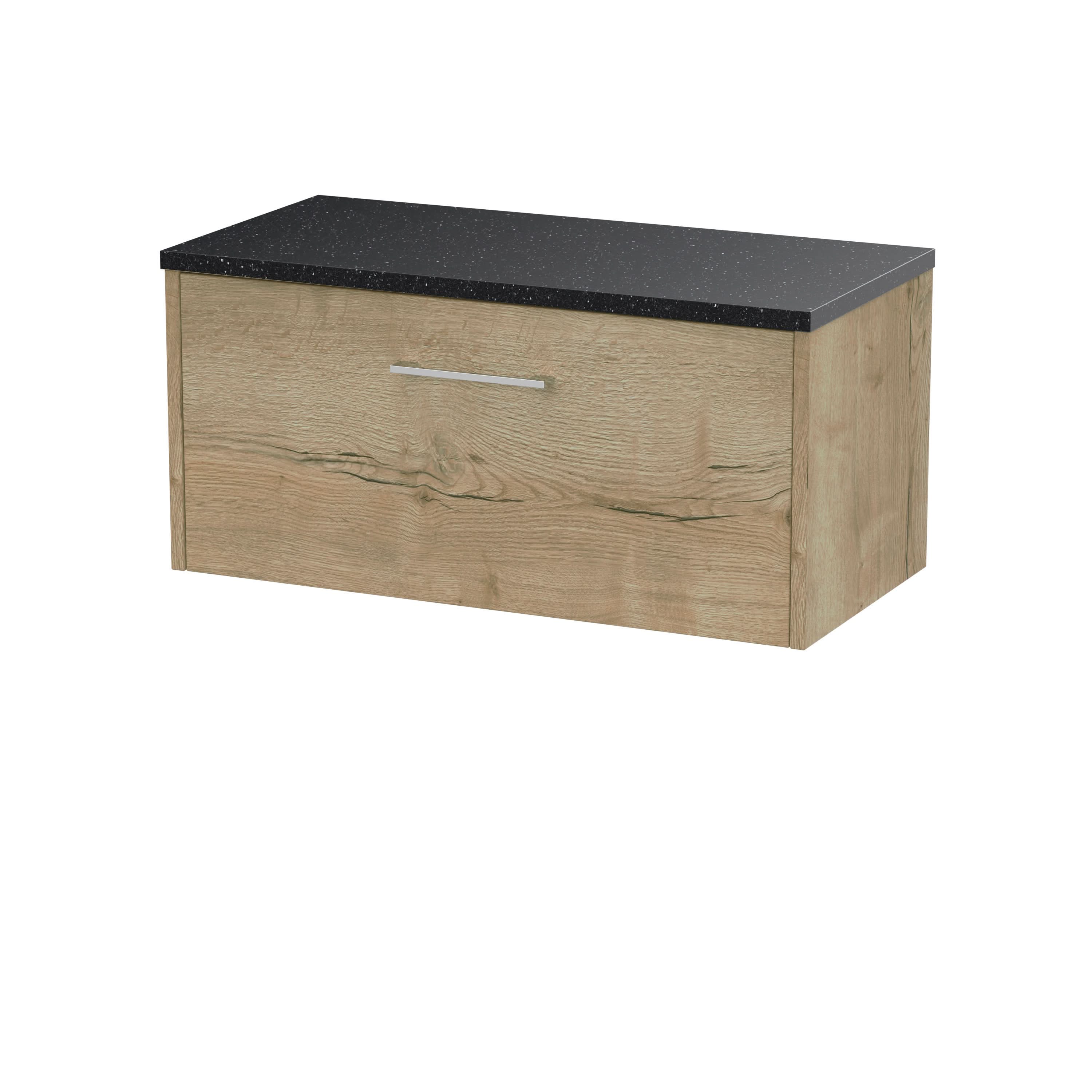 Hudson Reed Juno Wall Hung 1-Drawer Vanity Unit & Black Worktop, Stylish Countertop Basin Unit in Autumn Oak, 800mm