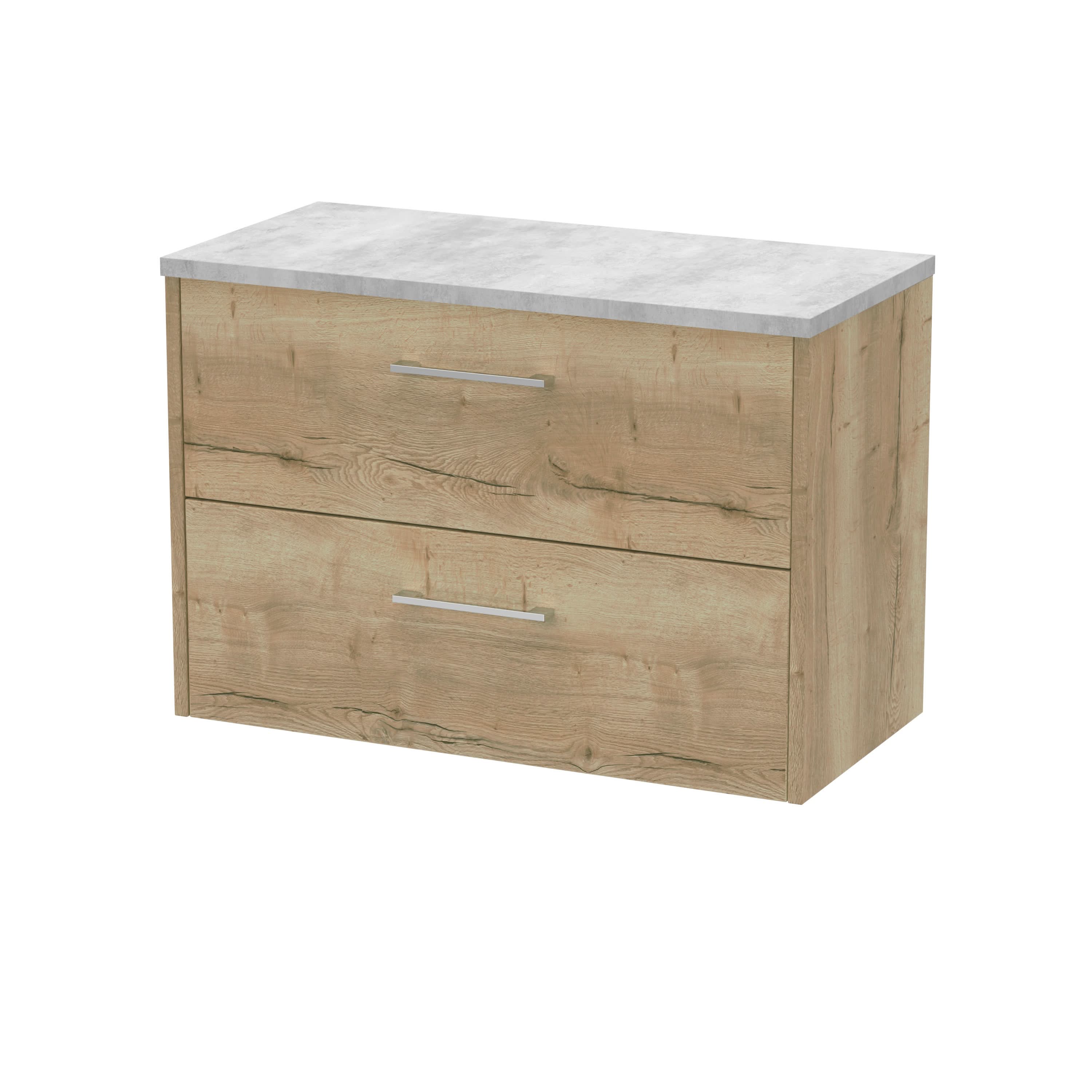 Hudson Reed Juno Wall Hung 2-Drawer Vanity Unit & Bellato Grey Worktop, Stylish Countertop Basin Unit in Autumn Oak, 800mm