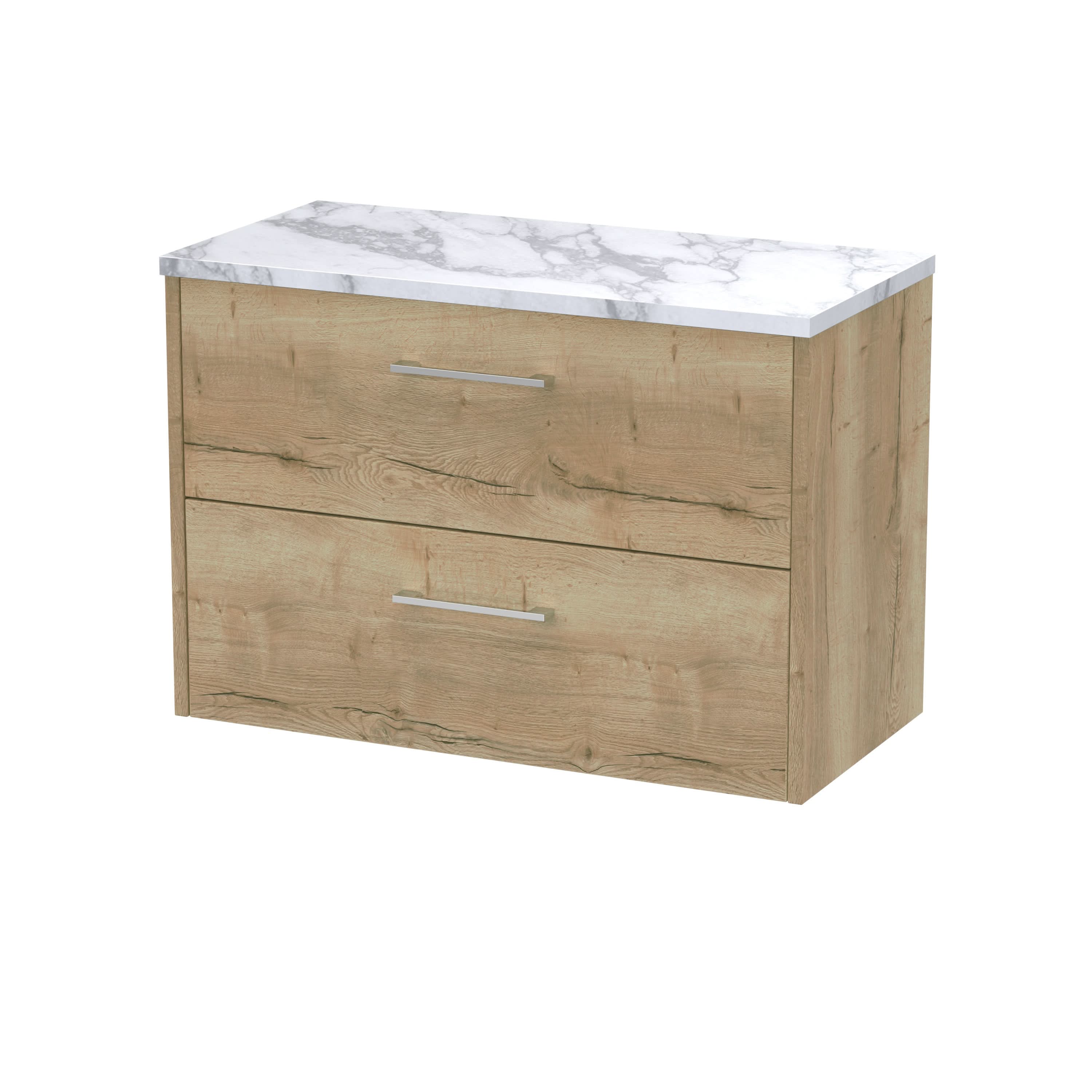 Hudson Reed Juno Wall Hung 2-Drawer Vanity Unit & Carrera Marble Worktop, Stylish Countertop Basin Unit in Autumn Oak, 800mm