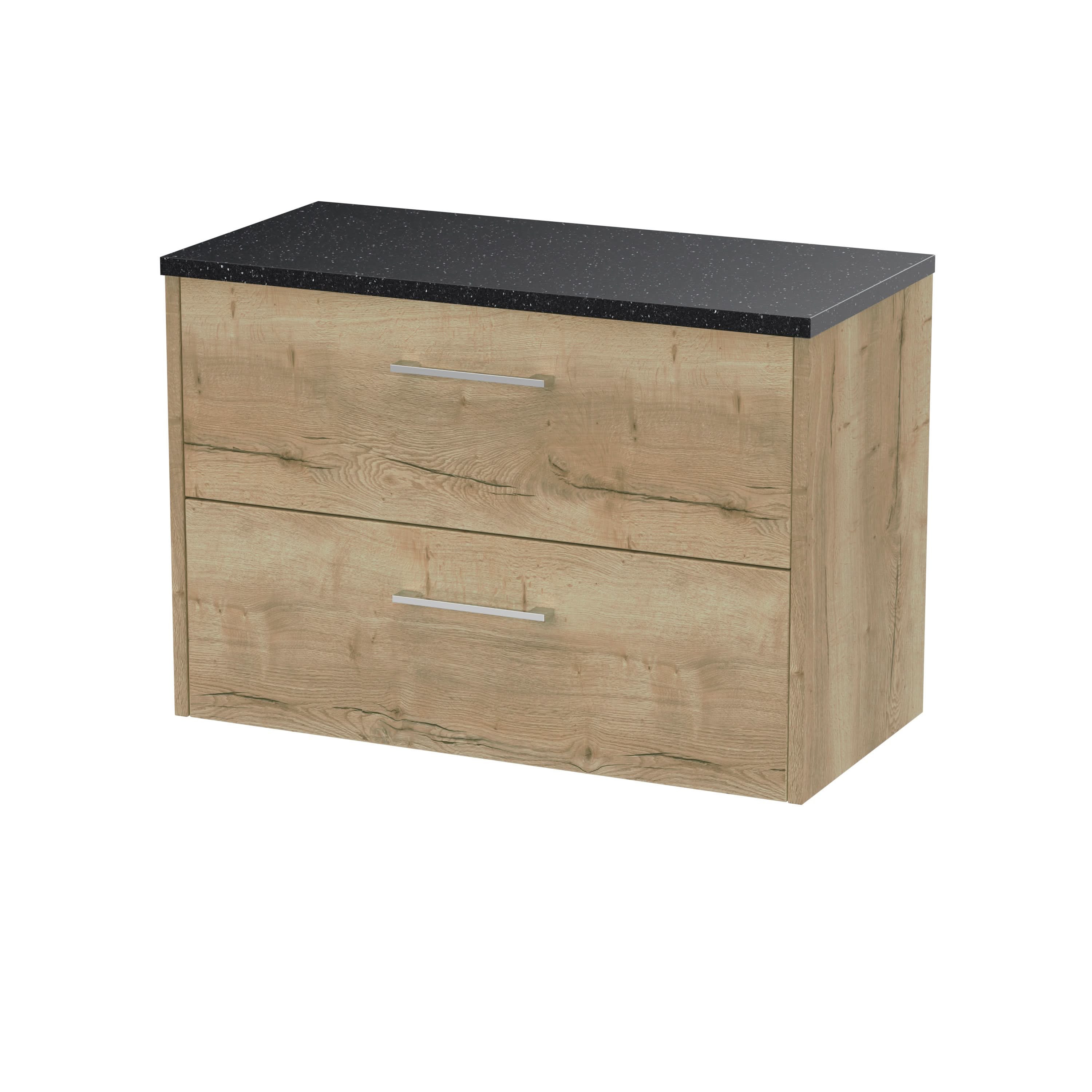 Hudson Reed Juno Wall Hung 2-Drawer Vanity Unit & Black Worktop, Stylish Countertop Basin Unit in Autumn Oak, 800mm