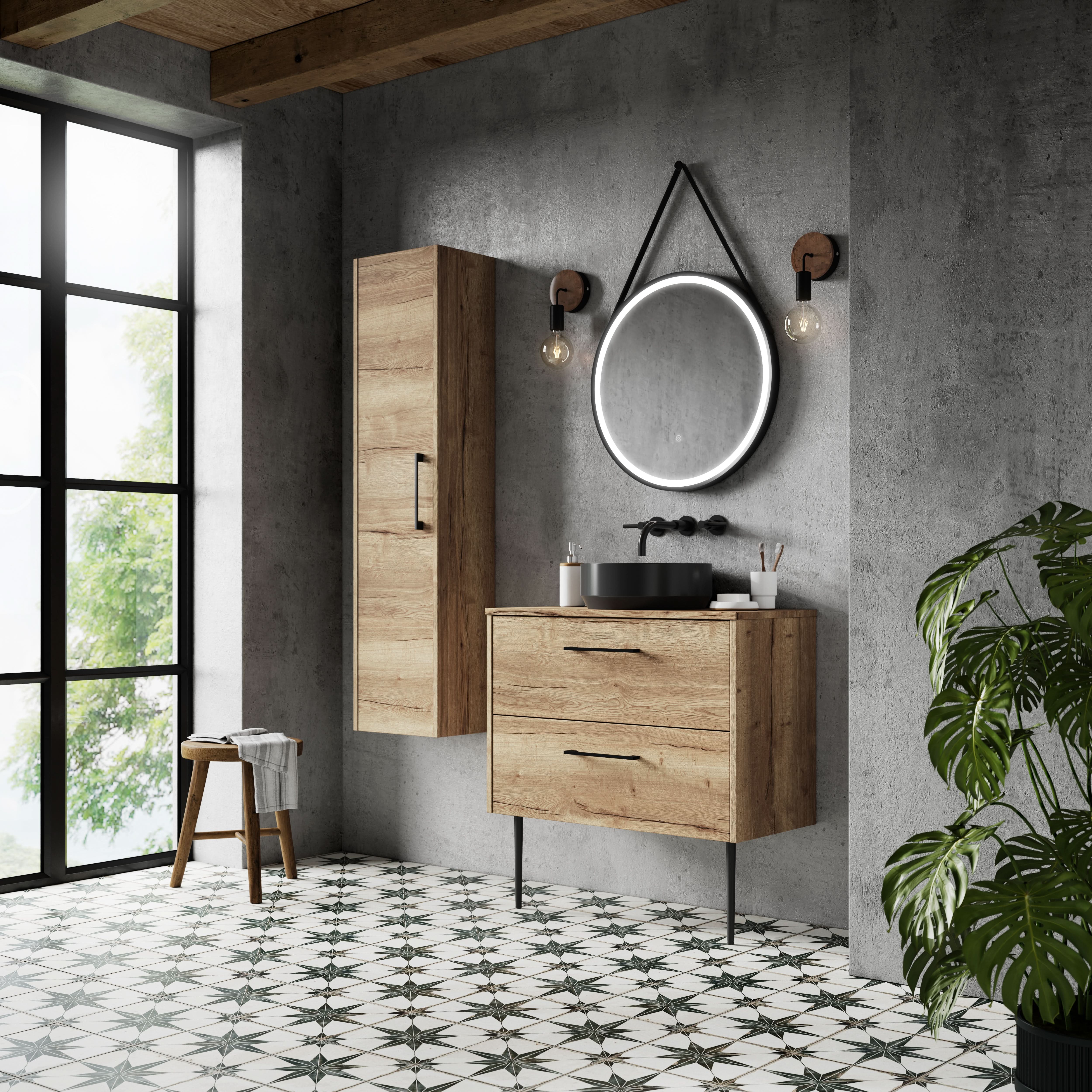 Hudson Reed Juno Wall Hung 2-Drawer Vanity Unit & Autumn Oak Worktop, Stylish Countertop Basin Unit in Autumn Oak, 800mm