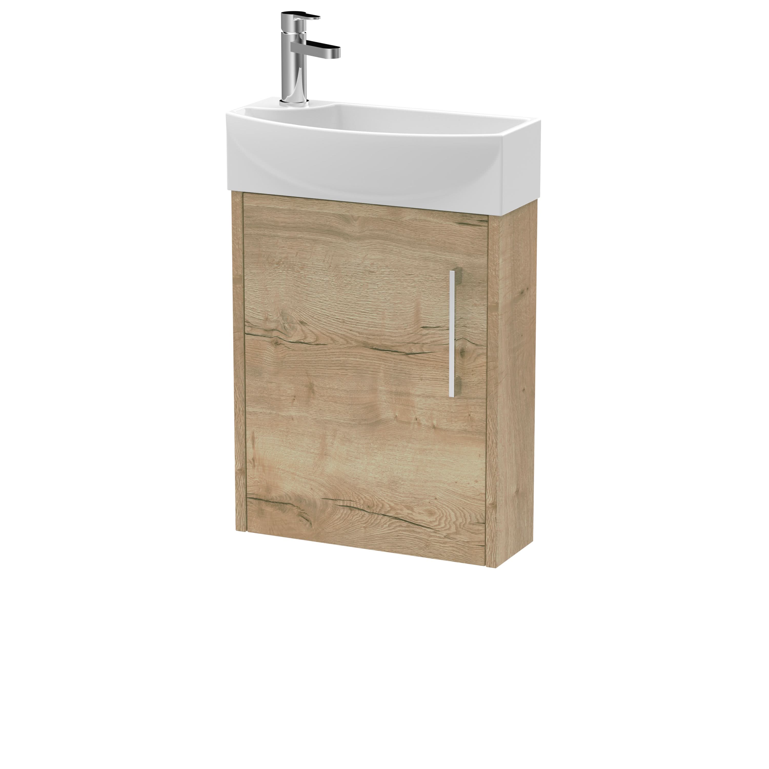 Hudson Reed Juno Compact Wall Hung Single Door Unit and 1 Tap Hole Basin, Right Hand Cloakroom Sink Vanity Unit, Autumn Oak, 440mm